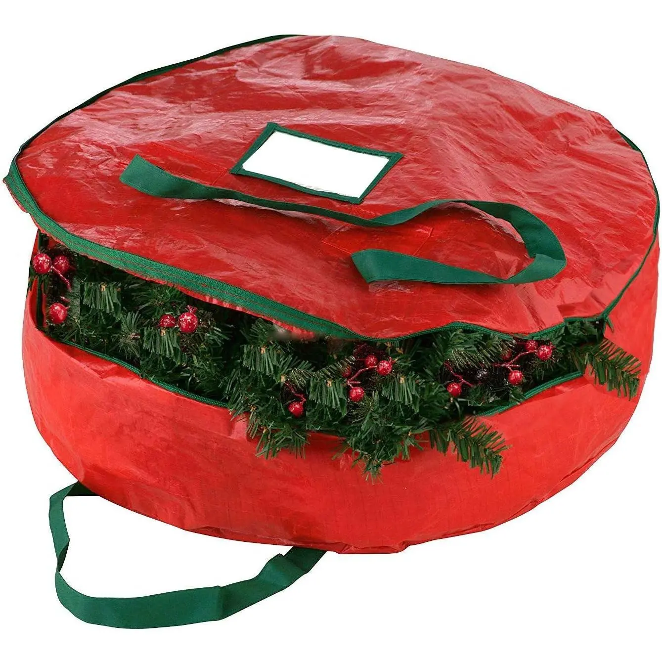 30" Christmas Wreath Storage Bag, Tear Resistant Zippered Bag with Reinforced Handles, 30 x 30 x 8 Inches, Red