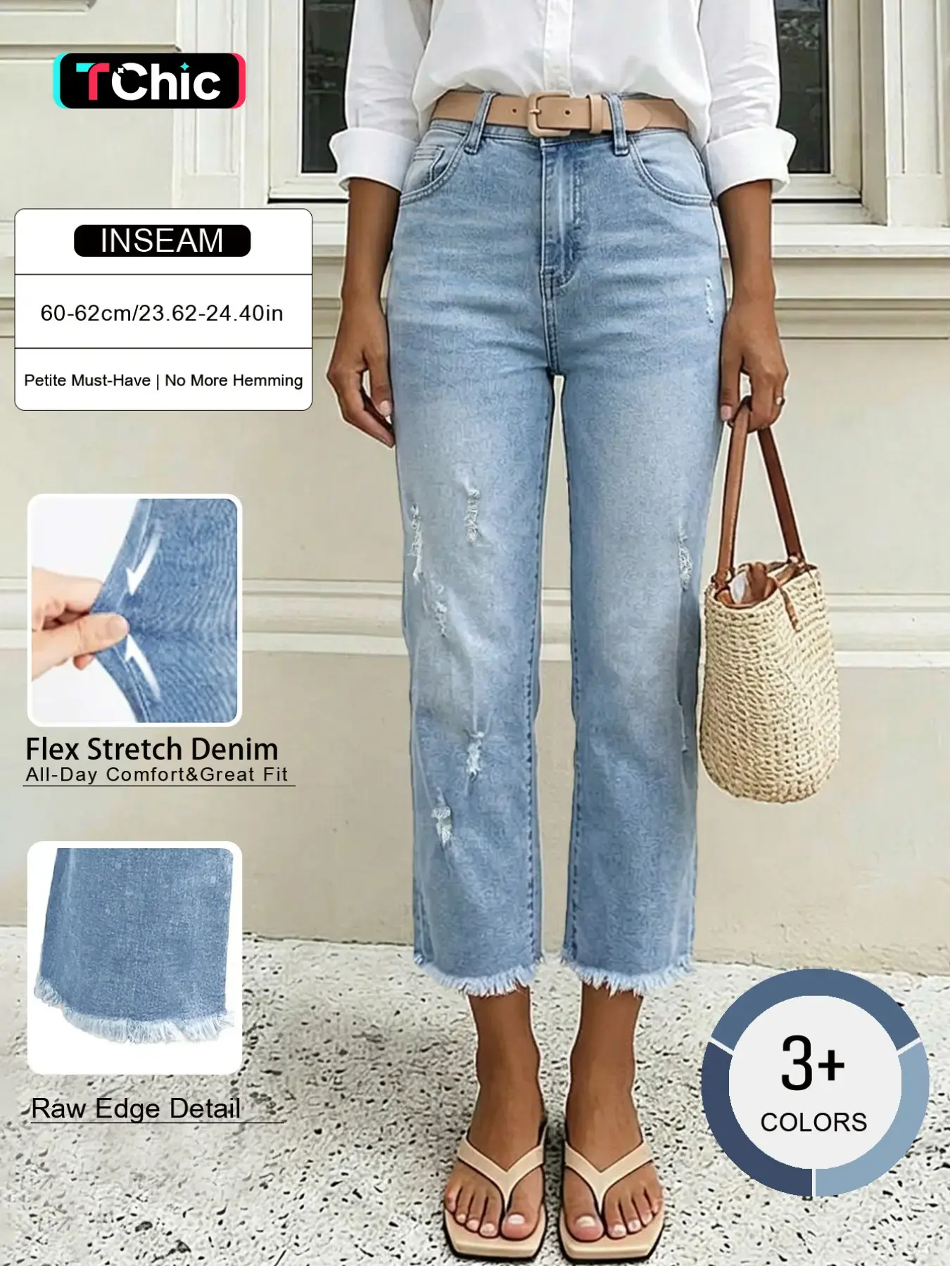 Women's High Waist Ripped Light Wash Straight Leg Denim Capri Jeans, All Season Casual Everyday Fitted Pants Bottom with Frayed Edge Design, Elastic Fabric, Perfect for Daily Wear and Commuting