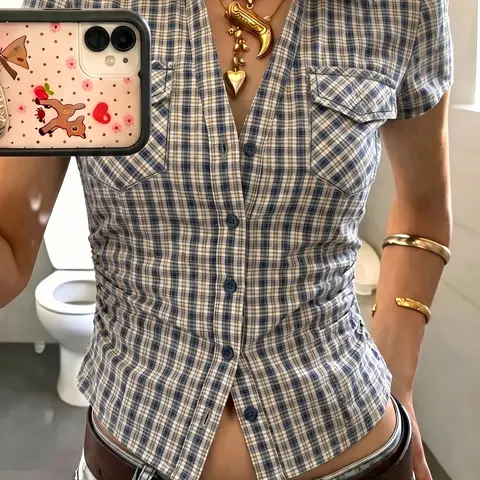 Versatile Blue & White Plaid Button-Down Shirt, Wrinkle Resistant Fitted Short Sleeve Shirt, Soft Stretch Cotton Top, 2026 Trending Preppy Style for Daily, Brunch, Campus and Street, Casual Sexy Outfit