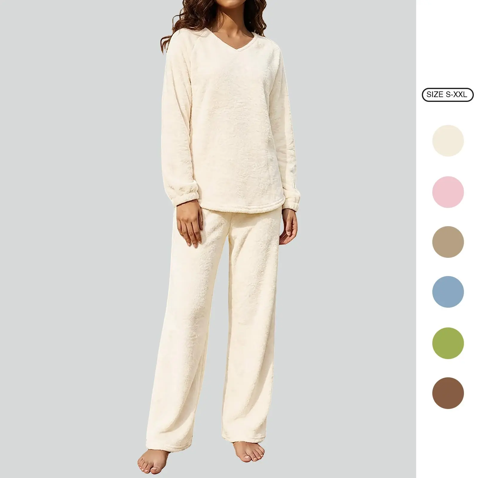 Women's Cozy Fleece Loungewear Set, Chic 2-Piece Pajama Outfit with V-Neck Pullover and Loose-Fitting Wide Leg Pants, Light, Machine Washable, Plus Size, No Scratchy Texture, Long Sleeve, Casual, Thick, Slim