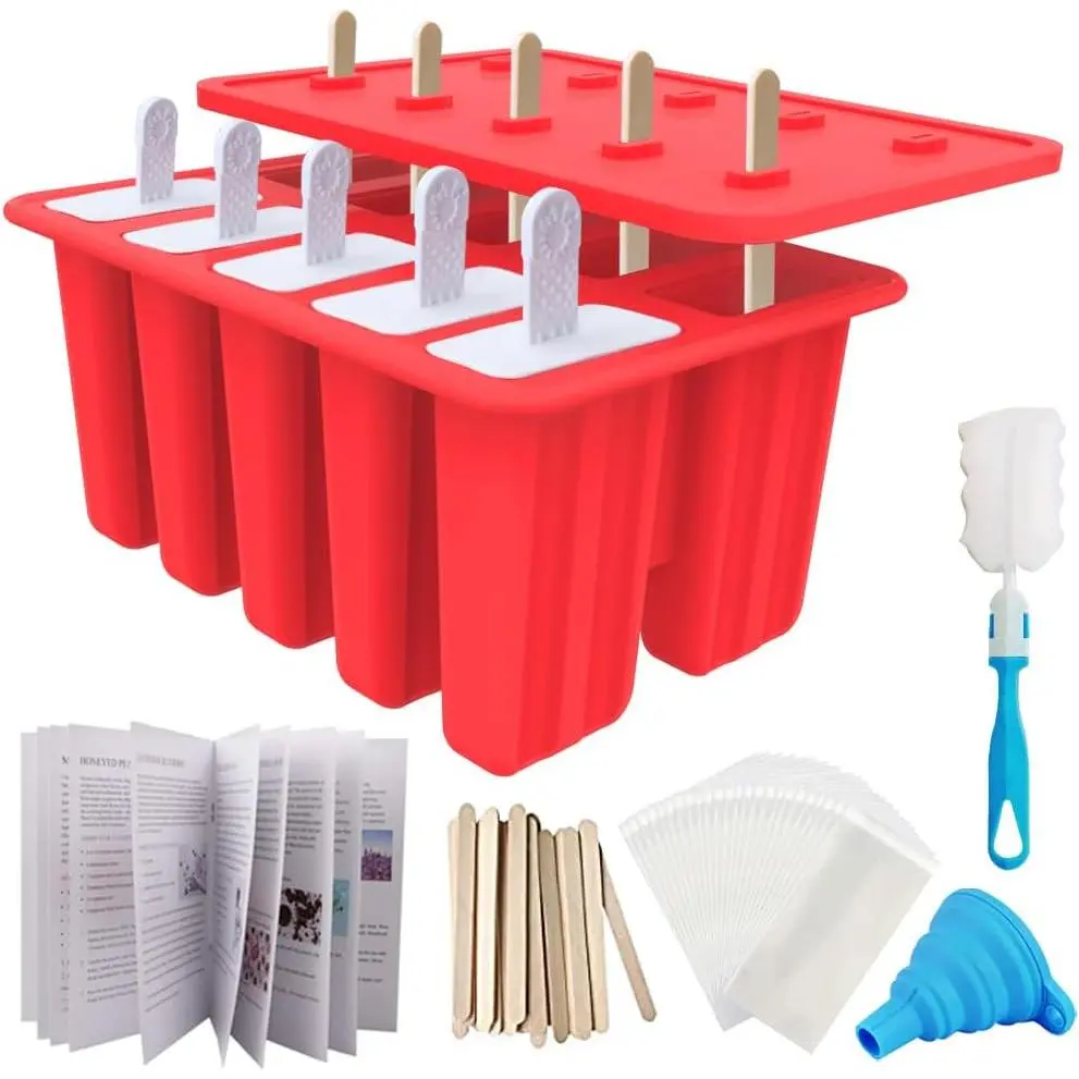 Homemade Popsicle Molds, 10-Cav Non-BPA  Ice Pop Maker, with 50 Sticks, 50 Bags, 10  Sticks, Funnel, Brush and Ice Pop Recipe (Red)