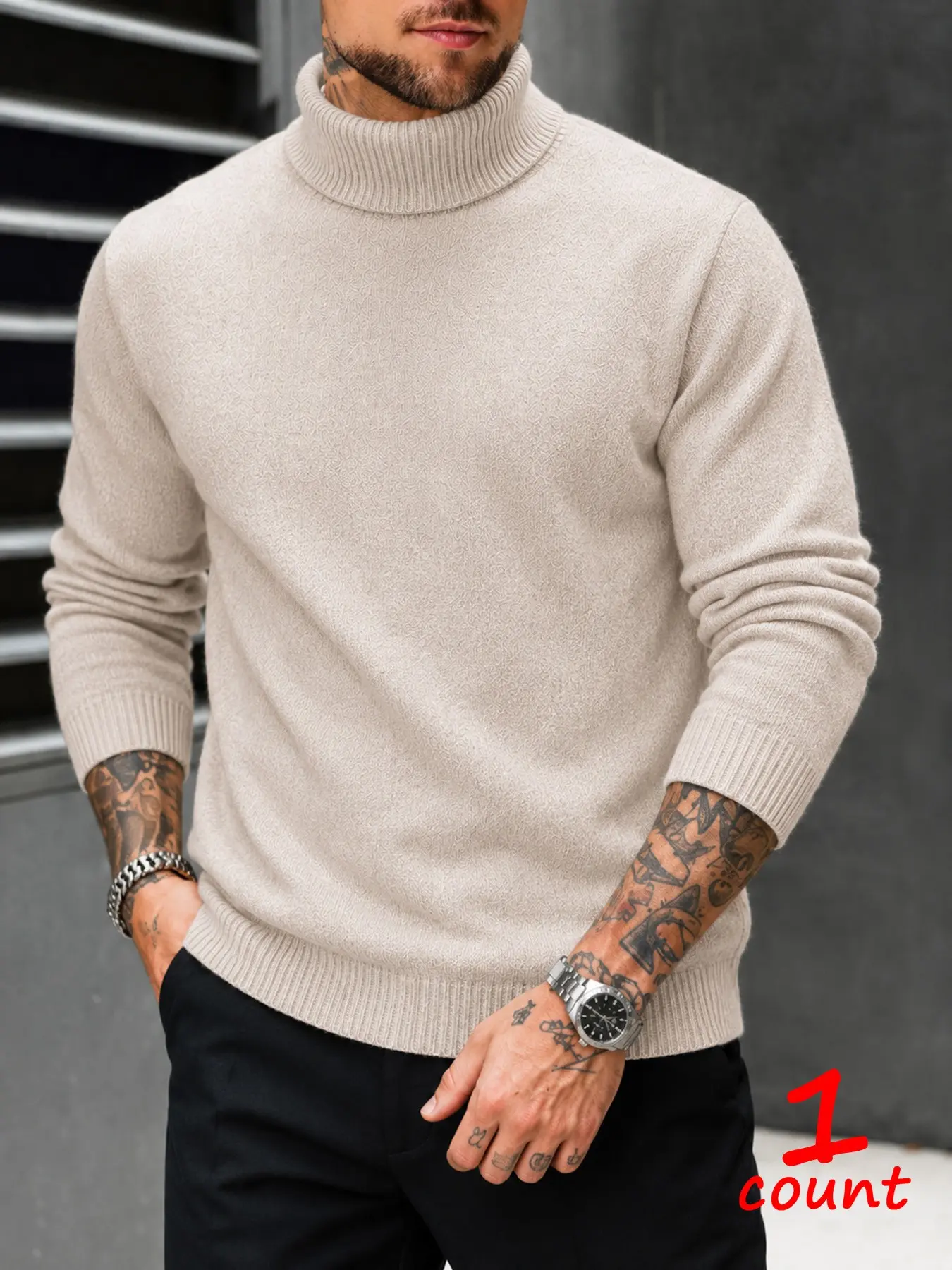 Men's Solid Turtleneck Knit Sweater, Regular Fit Long Sleeve Pullover, Minimalist Warm Jumper, Business Casual Daily Top, Fall Winter Knitwear