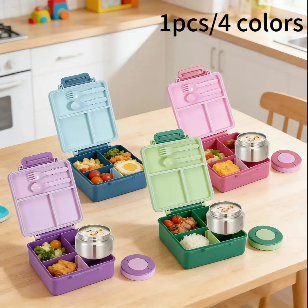Durable Lunch Box with Insulated Soup Mug, Leak-Proof 4-Layer Food Container, Cold & Hot Storage, Ideal for Kids' School Lunches, Leakproof Insulated Lunchbox
