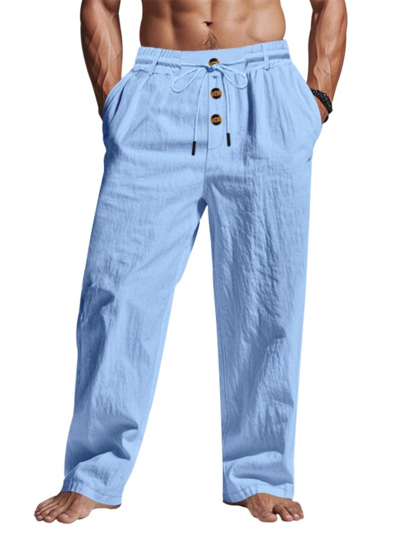 Men's Solid Button Design Linen Pants, Casual Comfy Breathable Trousers for Beach Vacation Holiday, Men's Bottoms for Summer