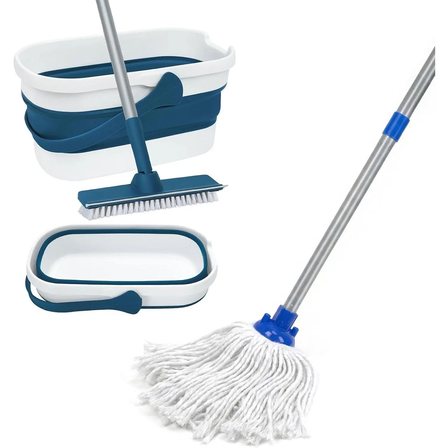 Collapsible Mop and Bucket Set with Scrub Mop, Cleaning Brush & Indoor Cotton Mop