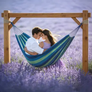 Super Large Hammock with Stand - Comfortable Durable Upgraded Fabric, Includes Wooden Fixture & Toilet Bag, Multi-Color Options for Indoor Rest, Outdoor Camping & Hiking
