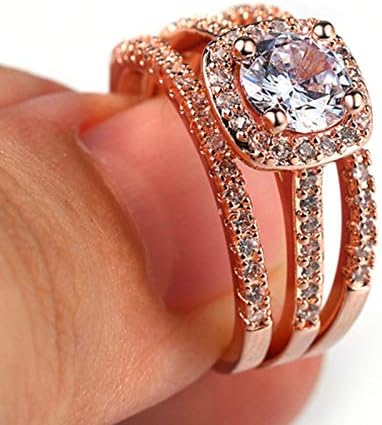 Silver Rose Gold Three-in-One Wedding Engagement Bridal Halo Ring Set