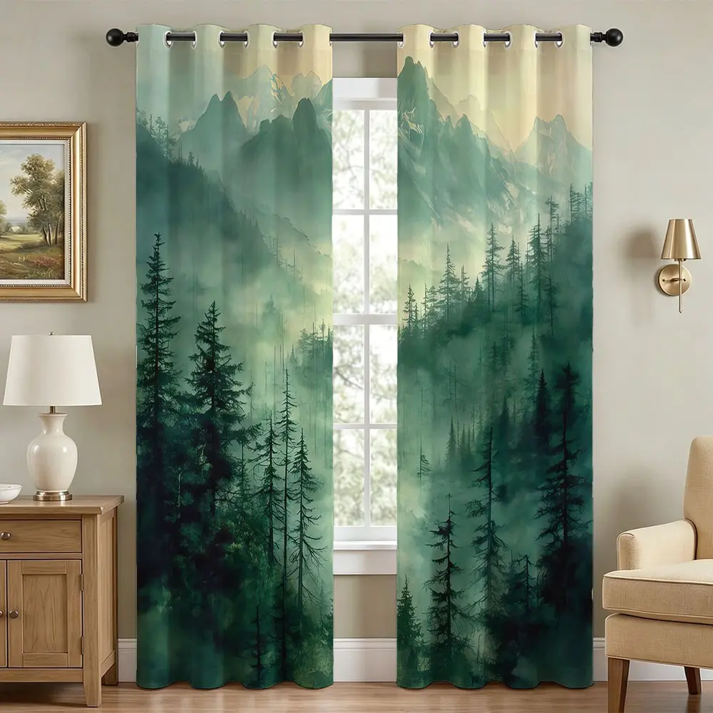 Foggy Forest Blackout Curtains, Misty Mountain Mystric Forest Thermal Insulated Curtains for Bedroom Natural Grommet Window Drapes for Living Room 84W x 84L inches 2 Panels