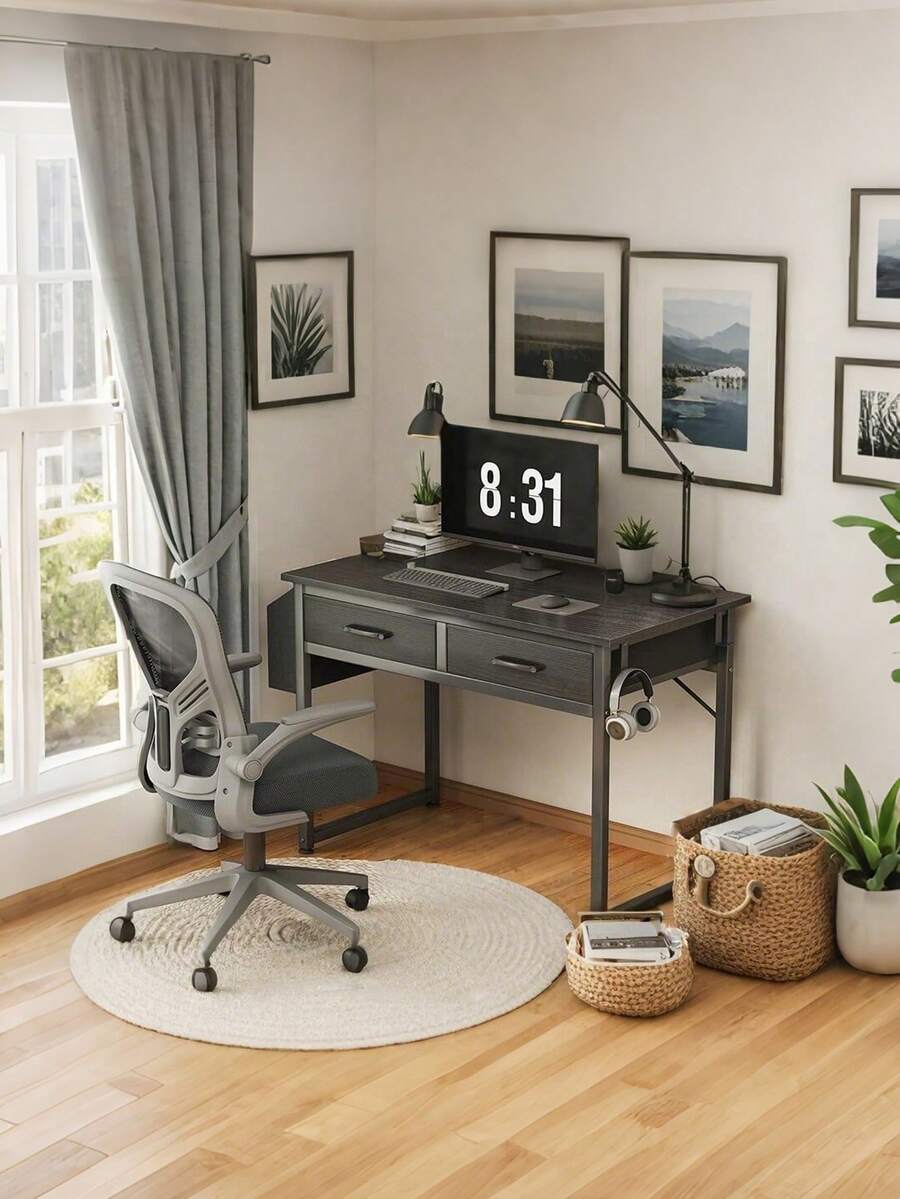 32 Inch Small Desk with Fabric Drawers, Vanity Table with Storage Drawer & Side Bag, Writing Desk for Bedroom, Study Room & Small Spaces, Compact Multi-Function Desk for Home Use
