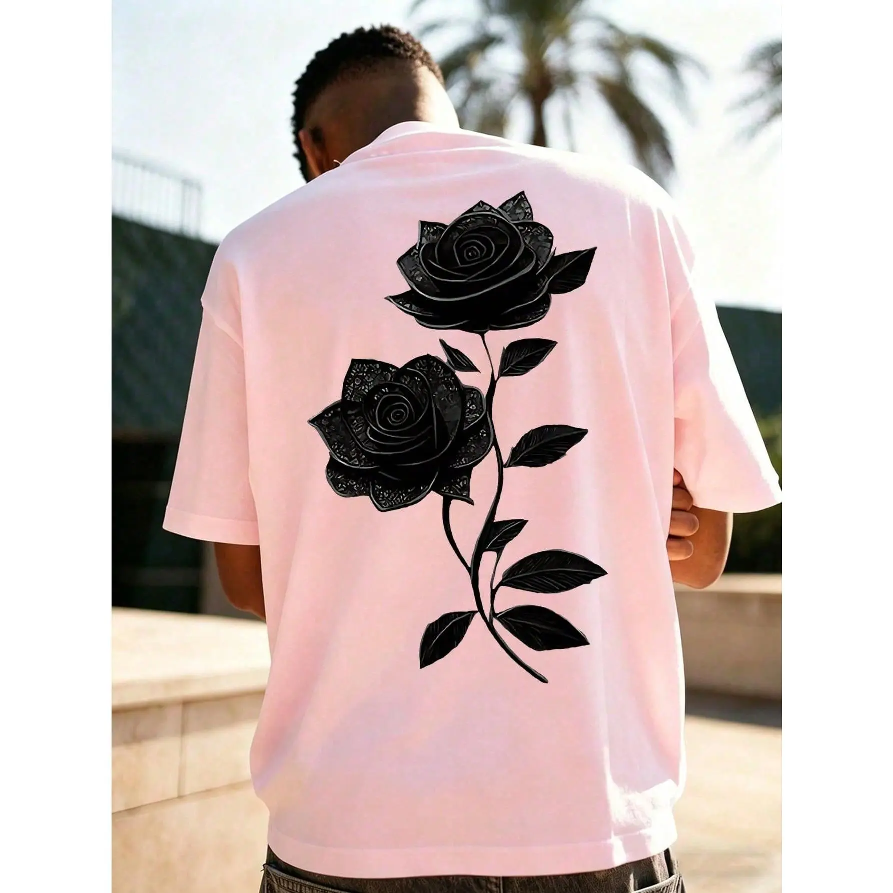 Men's Cotton Loose Floral Rose Print Round Neck Short-Sleeve Sports Top, Summer Casual Versatile Fashion Shirt, Tops, Shortsleeve