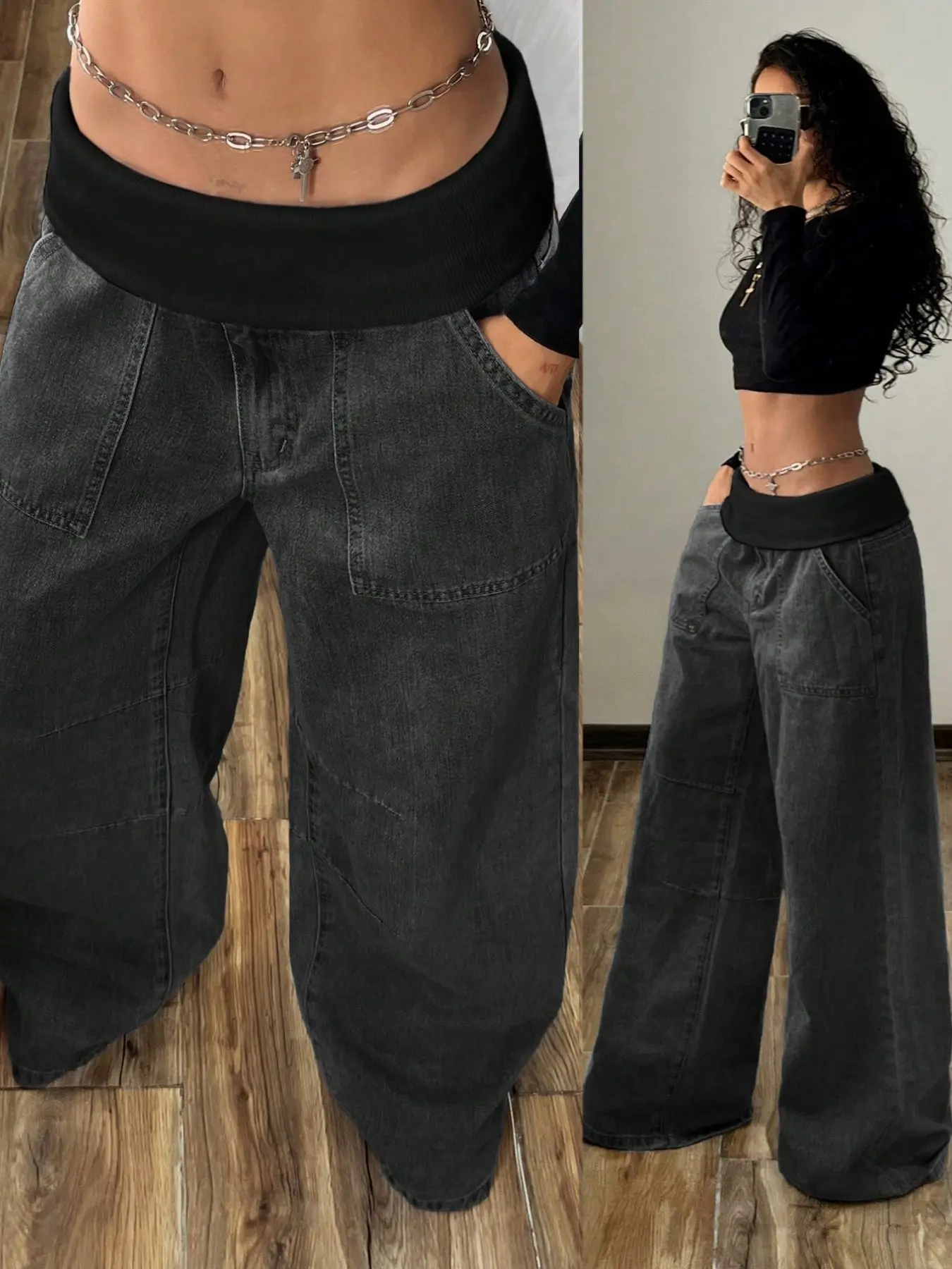 Y2K Low Waist Turned-Up Ribbed Waist Baggy Oversized Wide Leg Denim Jeans, Loose Fit Pouch Pocket Flowy Casual Pants, Fashionable Comfort Daily Wear