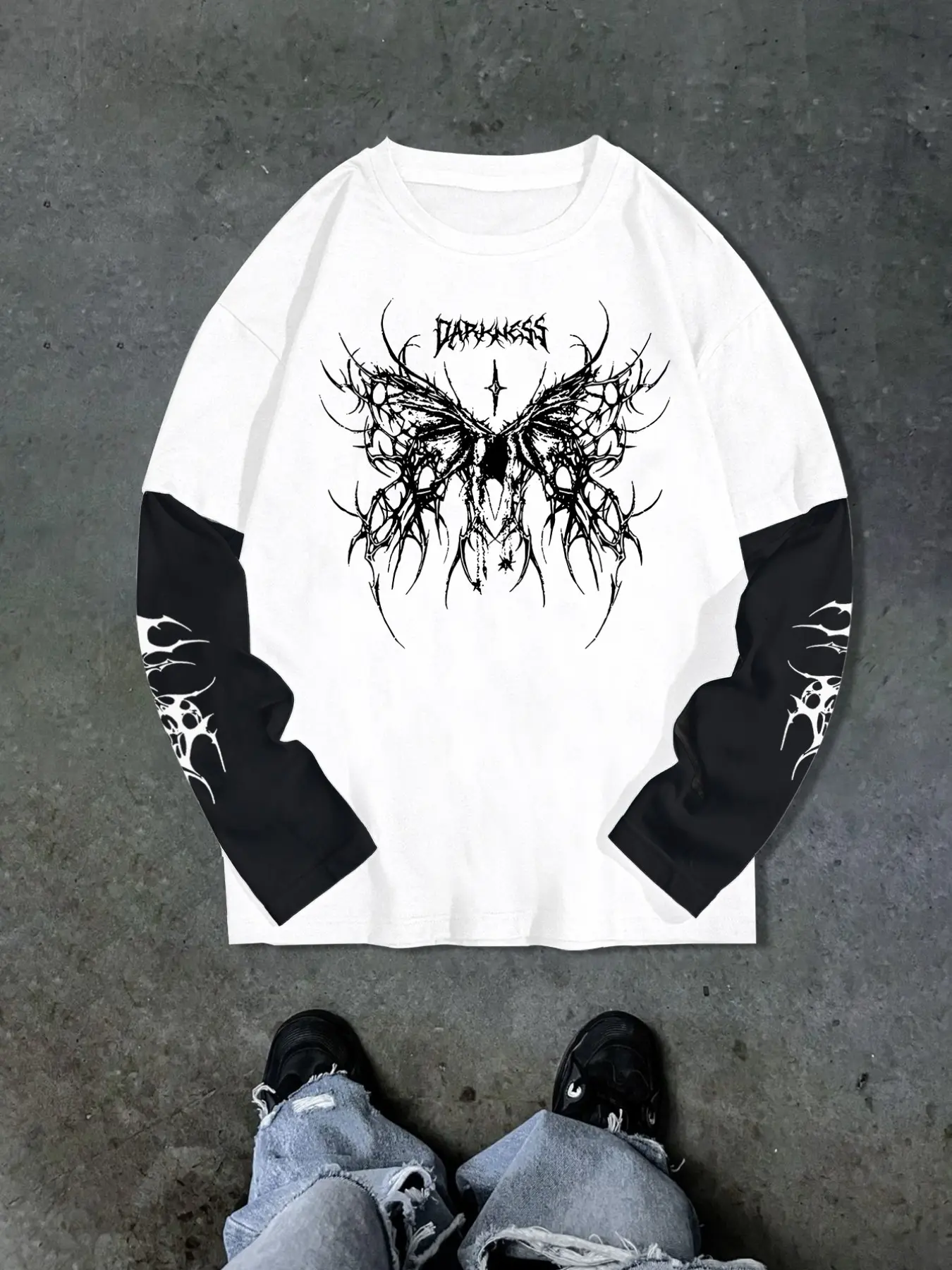 Men's Dark Butterfly Gothic Long Sleeve T-Shirt, Y2K Grunge