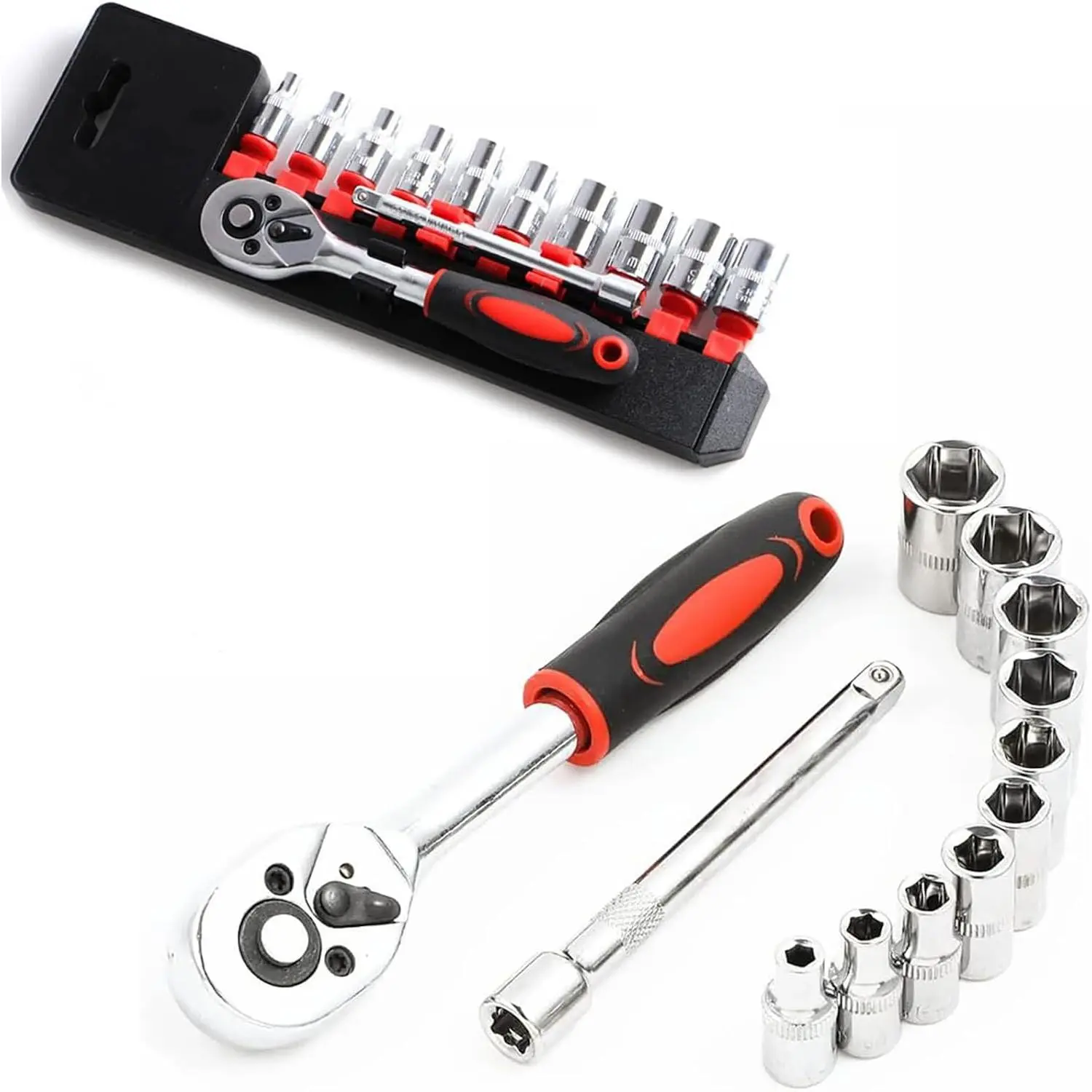 1/4" Ratchet Socket Wrench Set, Mechanic Tool Kit and Sockets Set with Quick Release Reversible Ratchet Handle and Extension Bar, 12 Pcs Set