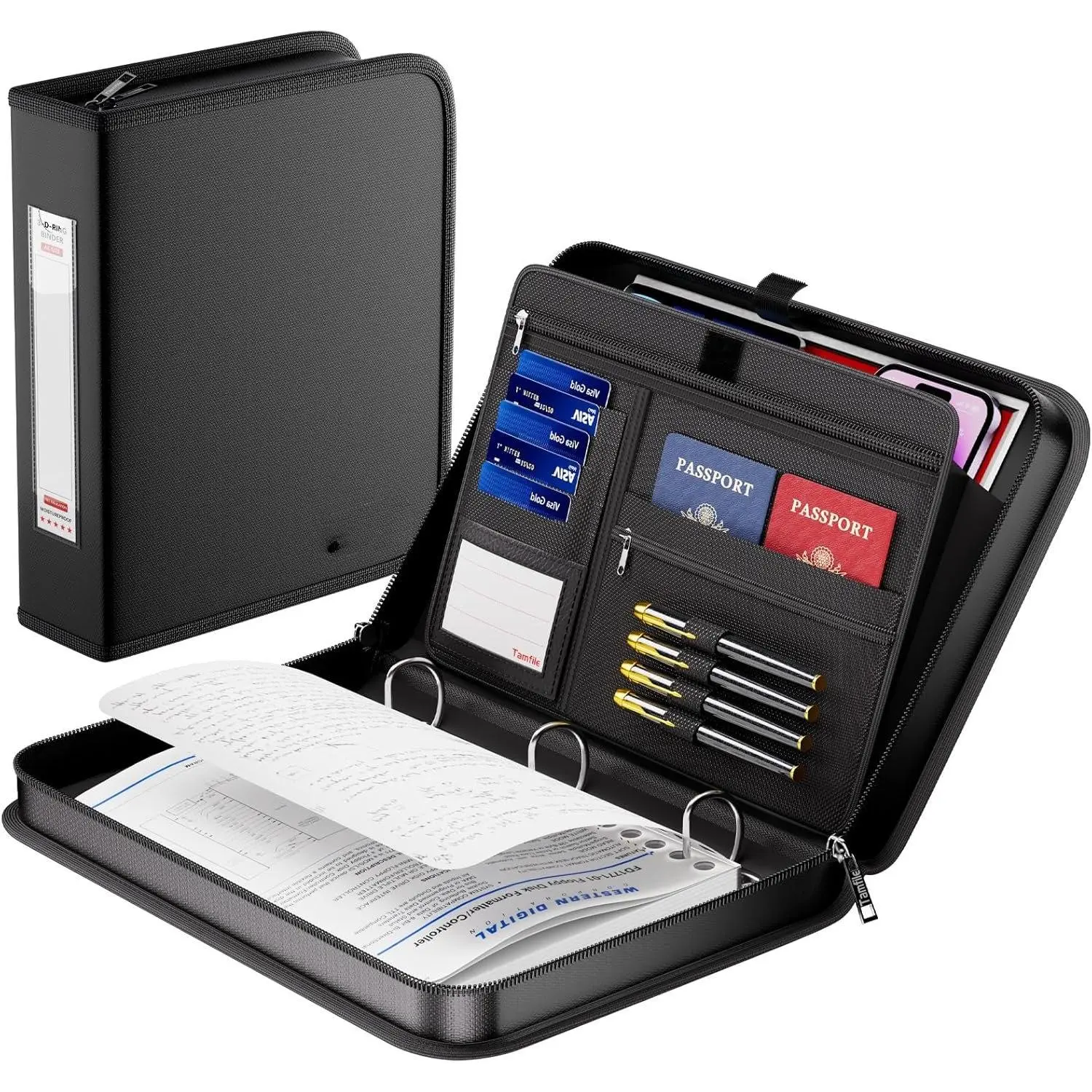 Fiberglass Fireproof 3-Ring Zipper Binder, 1.5 in D-Ring Black File Holder, Holds 375 Pages of 8.5"x11" A4 Paper, Portable Safe Storage with Large Pockets for Important A4 Files