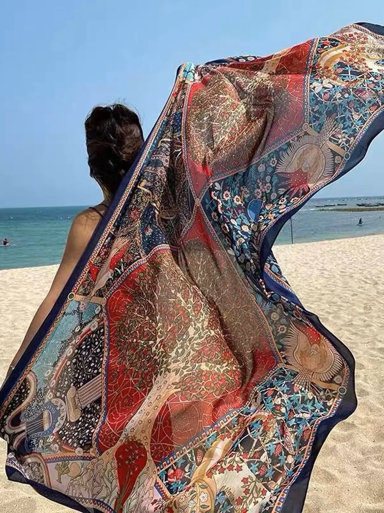 Oversized Glossy Satin Beach Scarf, Retro Bohemian Floral Print Shawl, Multi-Purpose Sun Protection Sarong, Luxury Vacation Accessory for Women, Boho Floral Scarves