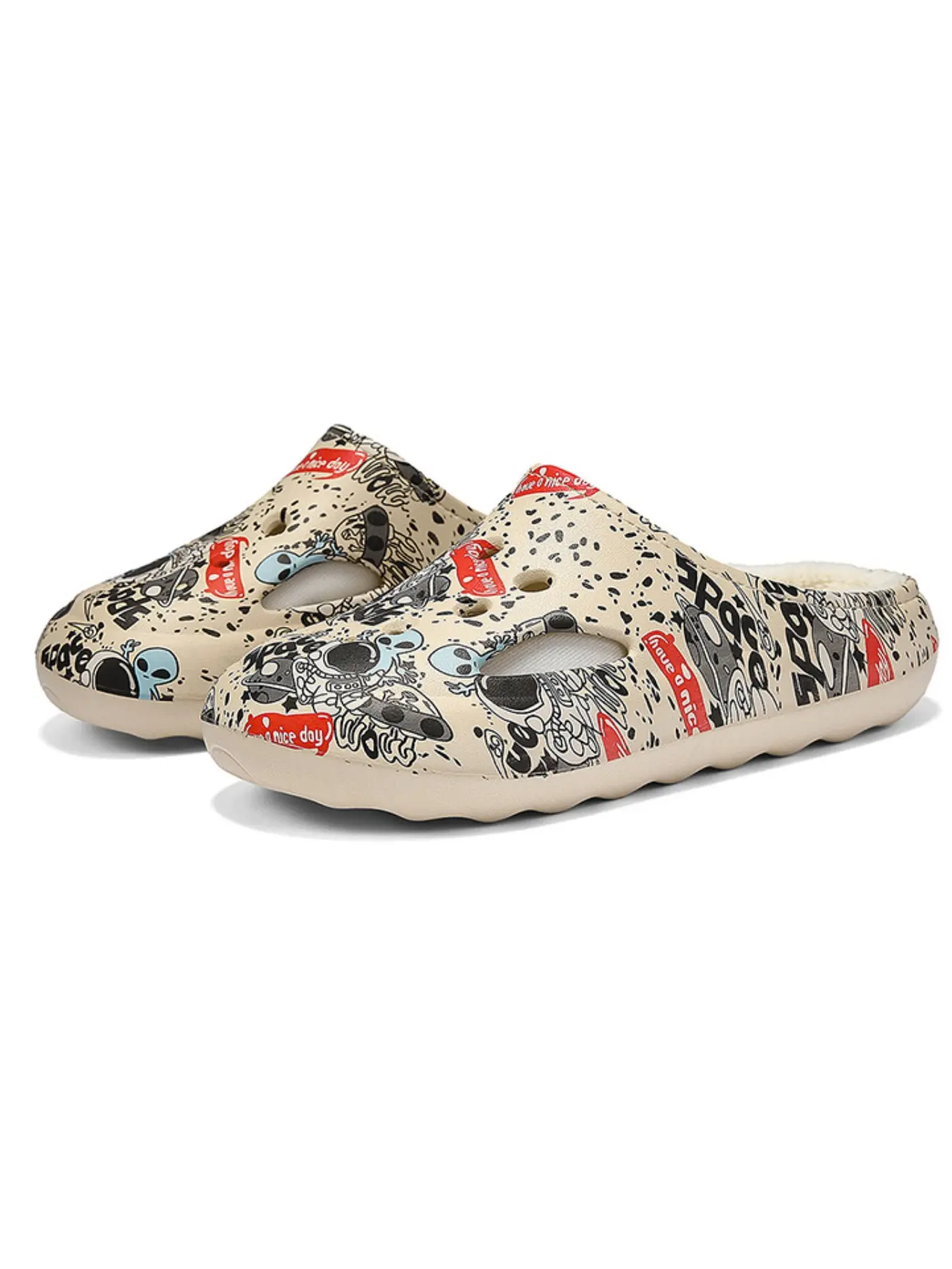 Alien Graffiti Slippers, Eva Material, All-Over Print, Breathable Design, Warm Lining, Non-Slip Sole, Fall & Winter Wear, Indoor Use