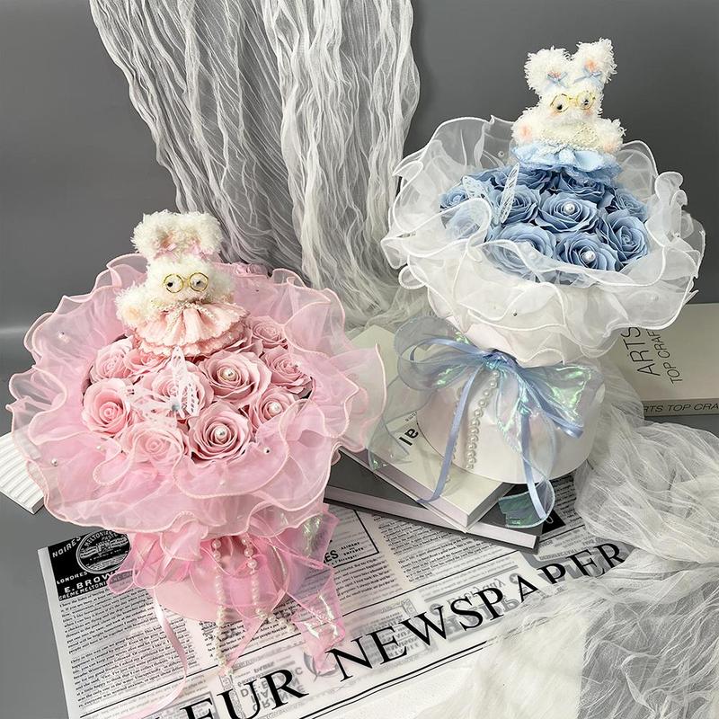 Artificial Rose Soap Flower Bouquet, 1 Count Romantic Lace Faux Rose Flower Bouquet, Gift for Women, Birthday Gift, Party Decoration