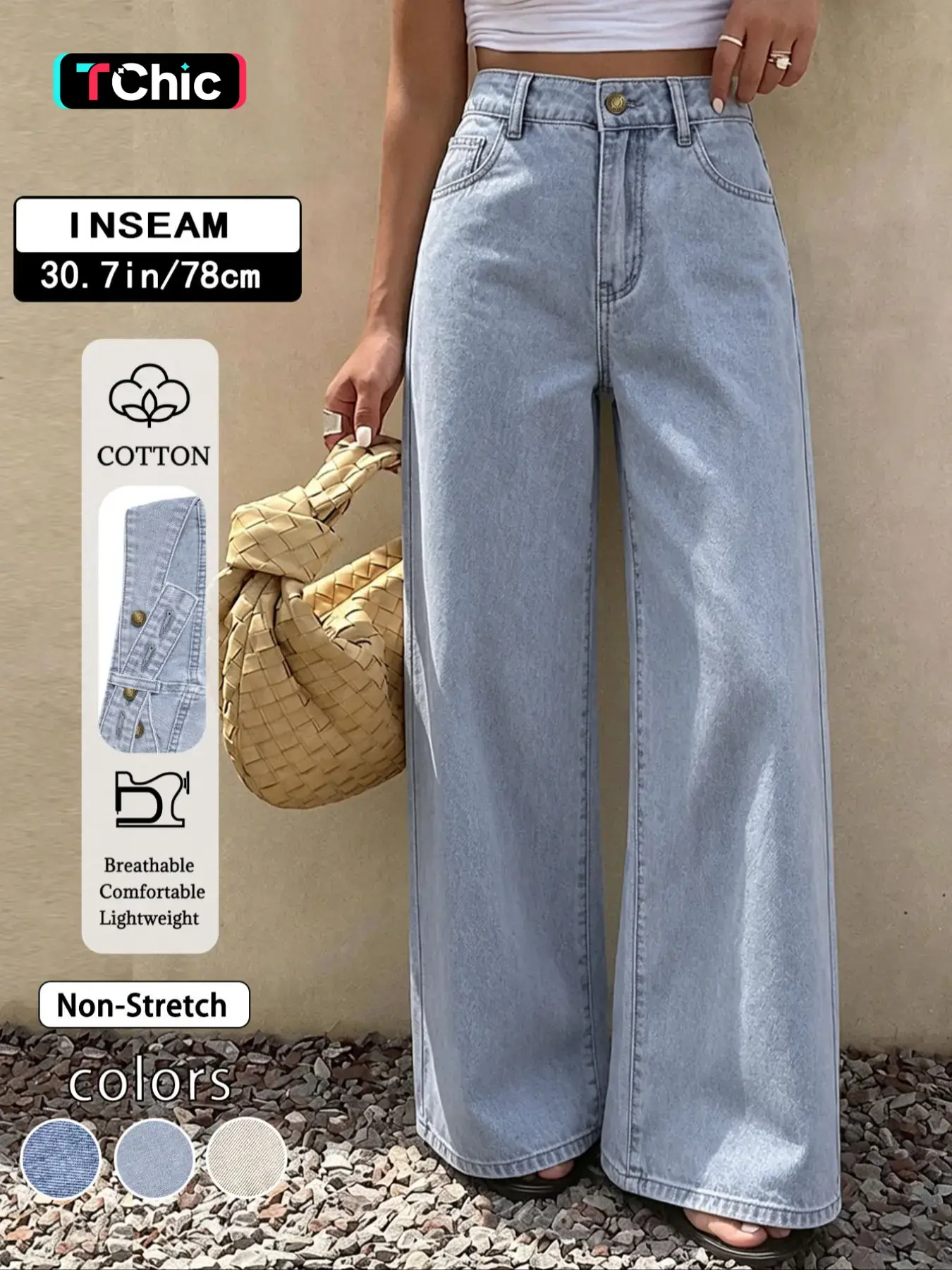 GILIPUR Women's Beige Washed Mid-Rise Wide Leg Jeans, Adjustable Button Back Waist Relaxed Floor Length Denim Pants with Classic Pockets, Minimalist Casual Streetwear Daily Commute Vacation Outfits for Women TChic