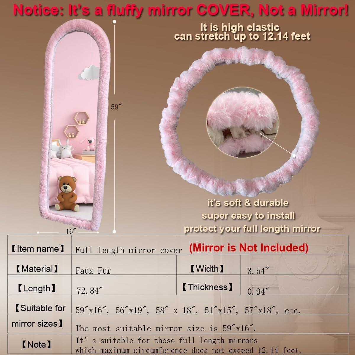 Fluffy Mirror Cover - 59"x16" Full Length Mirror Cover Universal Ultra Soft Non-Slip Cover Free Standing Full  Mirror Cover Warm Home Decor for Bedroom Cloakroom (Pink-Without Mirror)