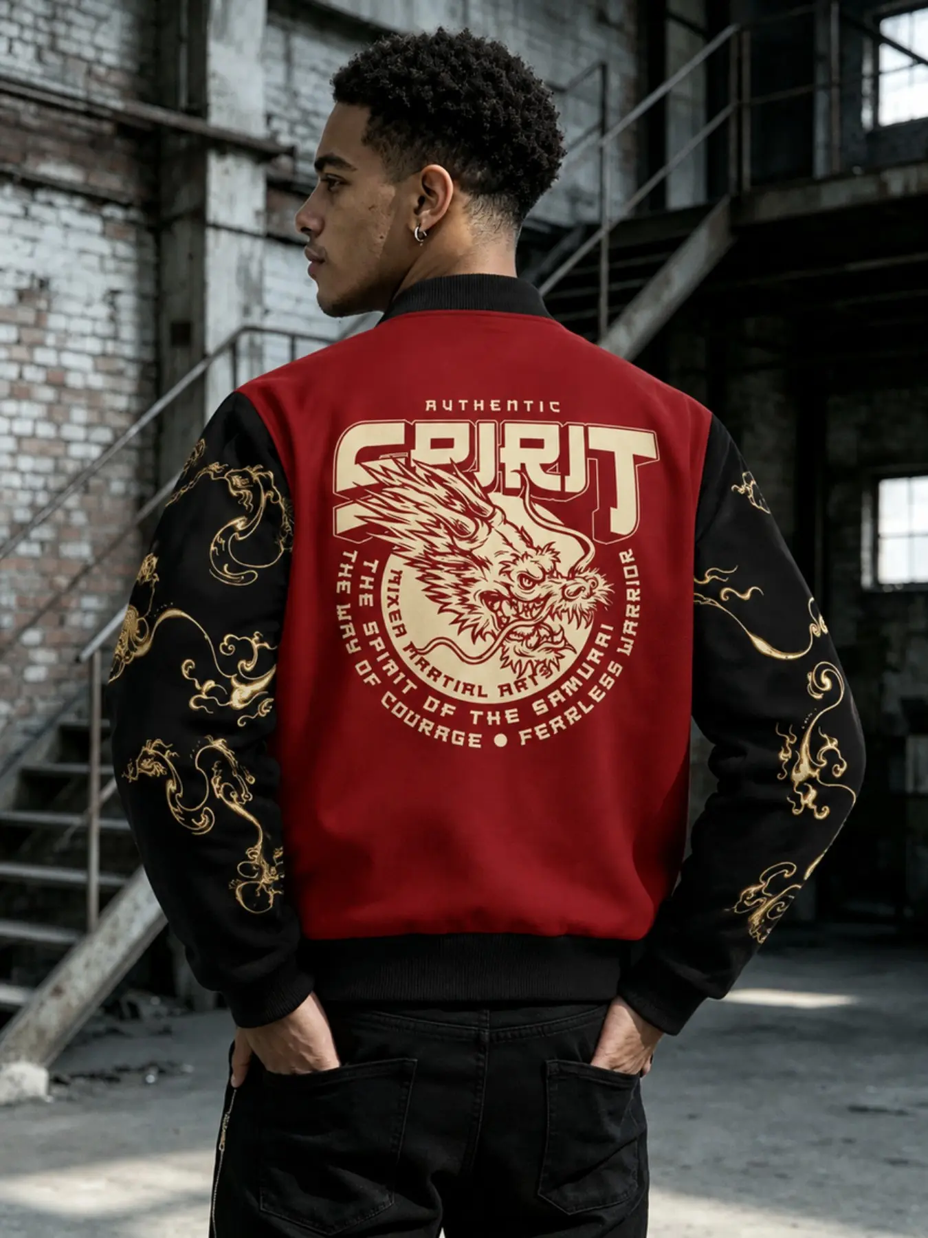 Men's Gold Dragon Print Bomber Jacket, Street Style Long Sleeve Outerwear, Casual Slim-Fit Top, Trendy Fashion for Men