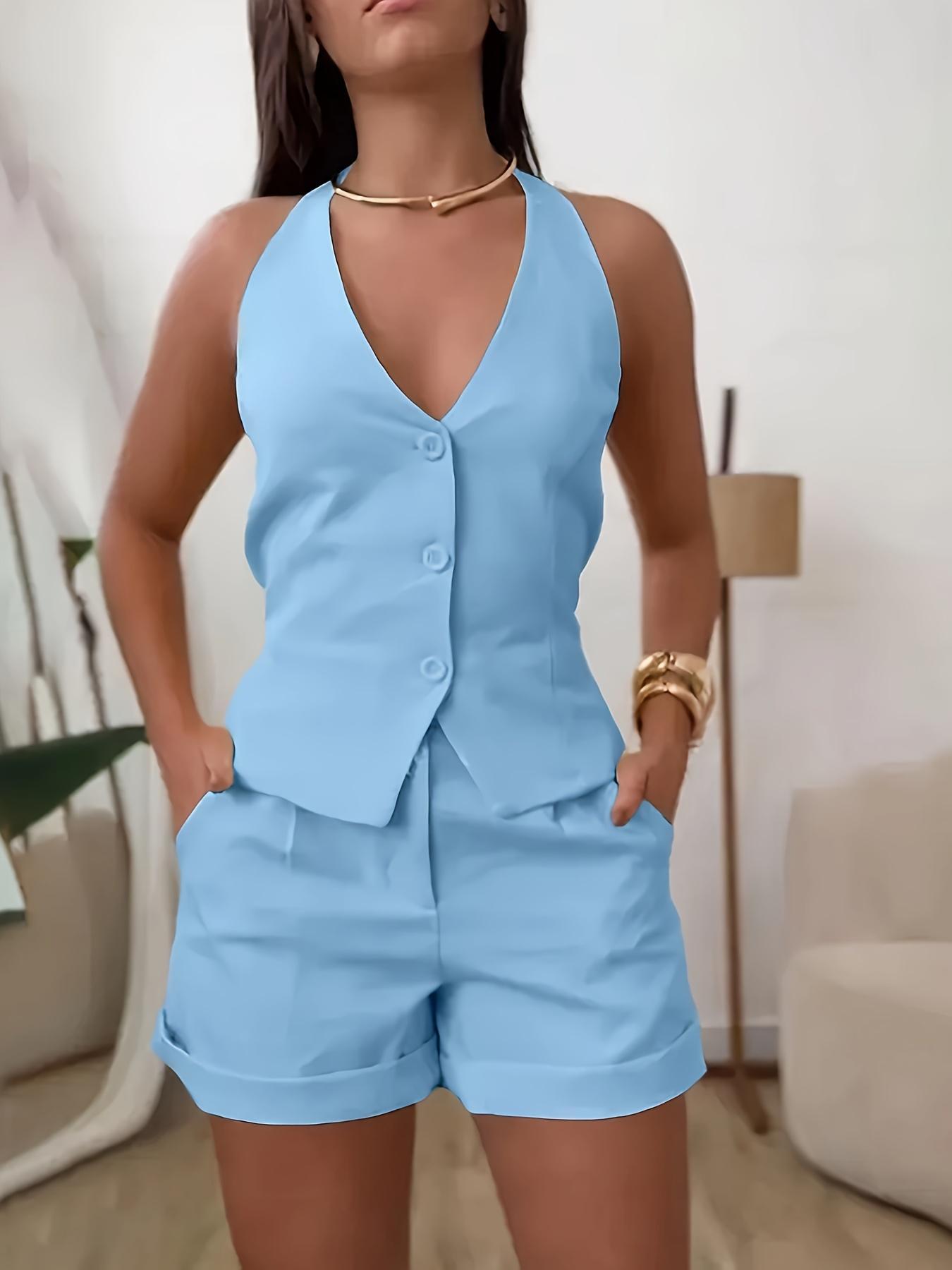 Two-piece Set Suits Women's Solid Color V Neck Fitted Button Front Vest Blazer & Shorts, Casual Sleeveless Top & Shorts for Daily Wear, Ladies Summer Clothes, Plunge Neck Top
