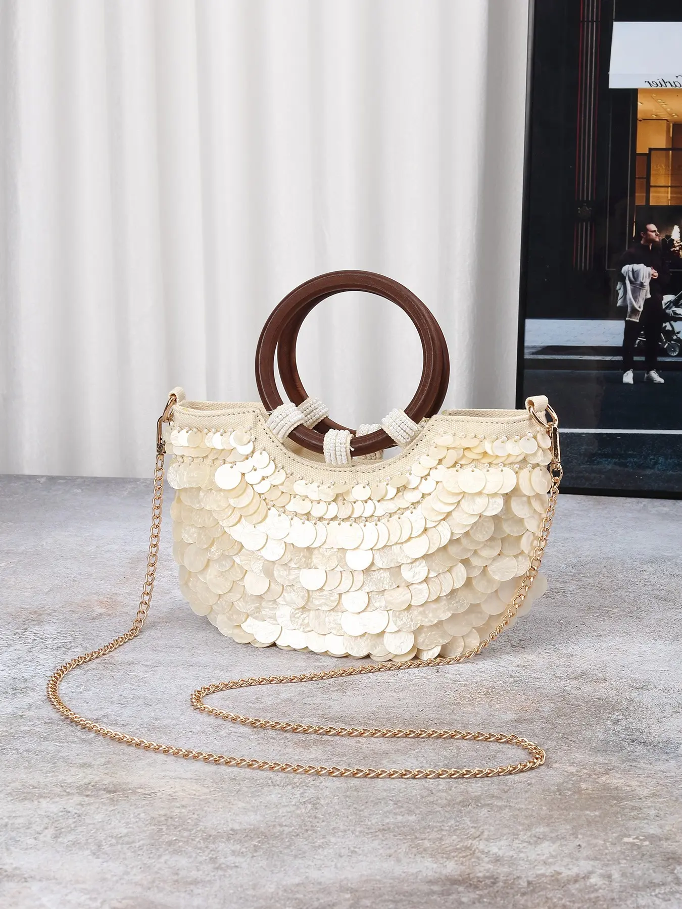 2026 Fashion Half-Moon Shell Sequin Handbag, Embellished Shoulder Bag, Wooden Handle Crossbody Bag, Detachable Chain Strap, Perfect for Weddings and Vacations