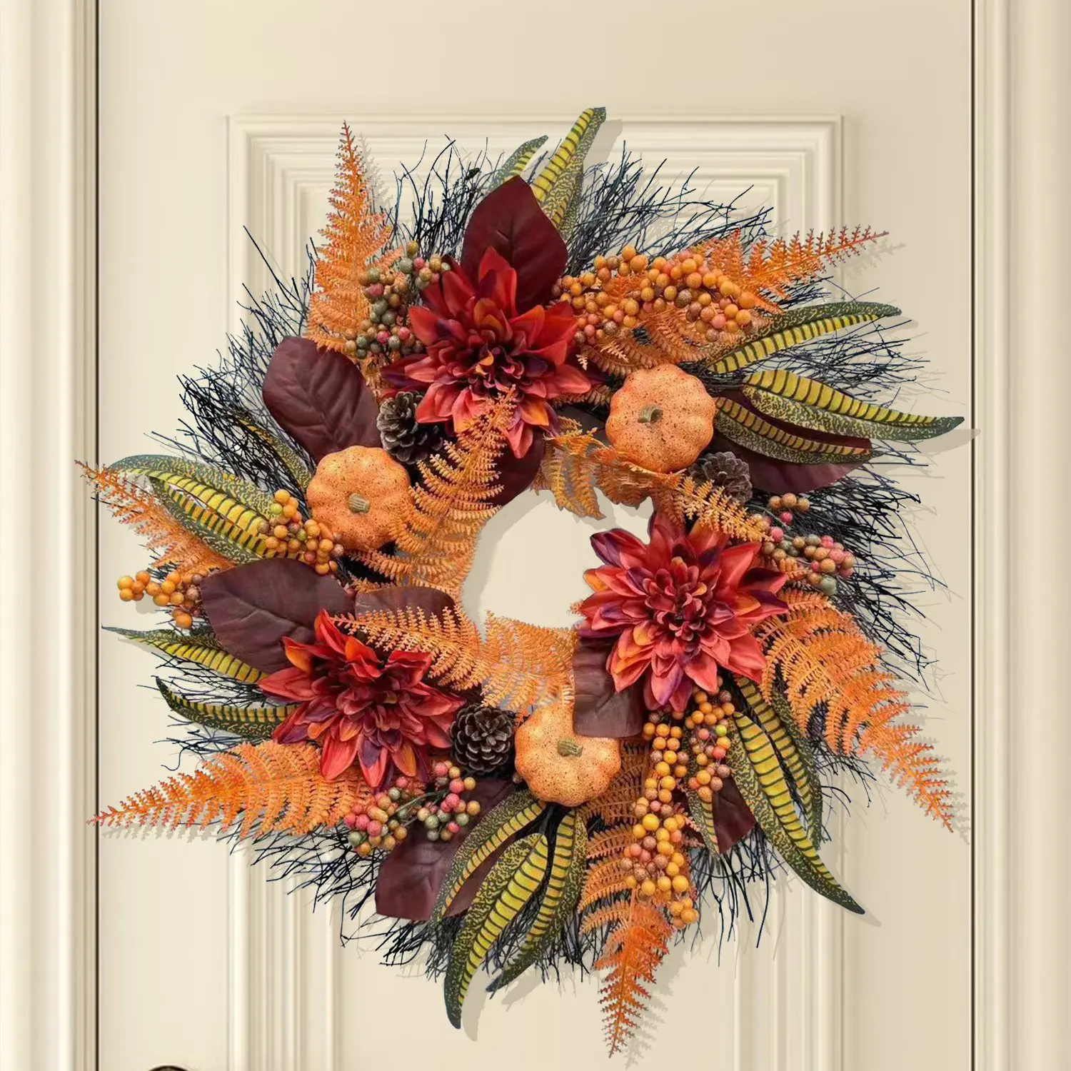 Halloween Thanksgiving Fall Pumpkin Wreath, Farmhouse Autumn Wreath with Maple Leaves Roses Pumpkins Berries, Indoor Corridor Decor
