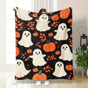 Ghost Pumpkin Maple Leaf All Over Print Flannel Blanket Classic Neutral Halloween Cozy Fall Throw Blanket Kid Friendly Minimal Spooky Couch Nap Blanket Giftable Farmhouse Autumn Home Decor Blanket