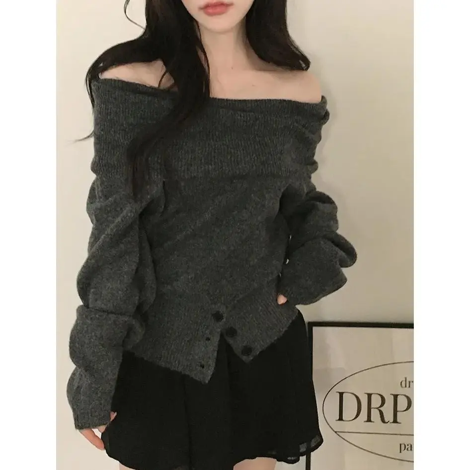 Off Shoulder Sweater Long Sleeve Button Knitted Top with Open Shoulder  Off-the-Shoulder Pullovers Elegant Fashion Fall Winter