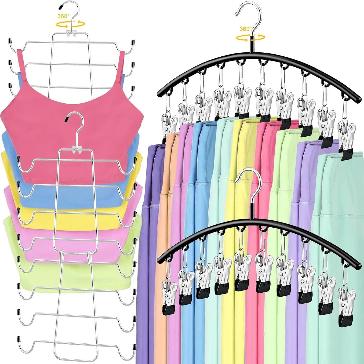 4 Pack Space Saving Hangers，2Pack Tank Top Hanger and 2Pack Leggings Organizers for Closet Pants Hangers with 20 Clips Bra Organizers with 16 Hooks Stainless Steel Hanging Closet Organizer