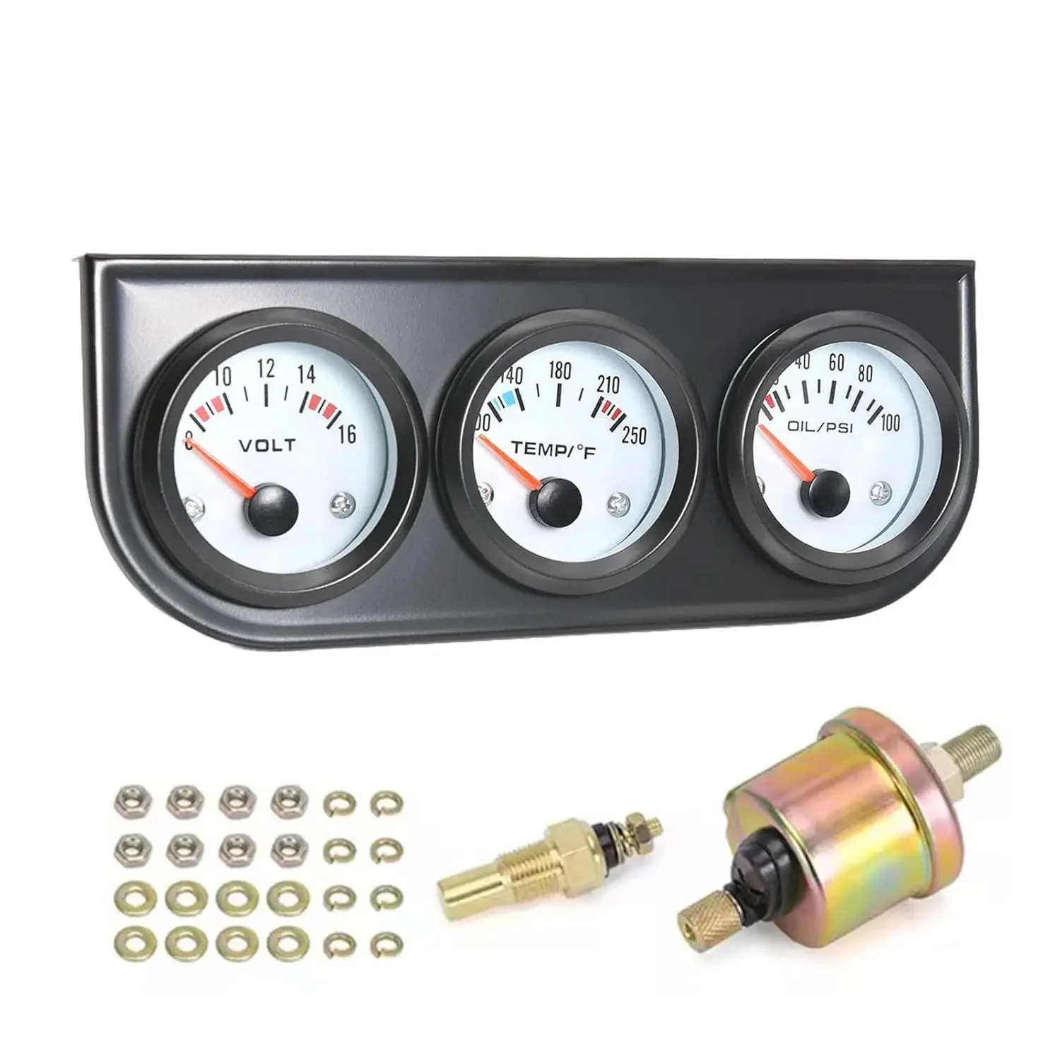 3-in-1 Triple Gauge Kit Oil Pressure Voltage & Water Temperature Gauges for Cars White