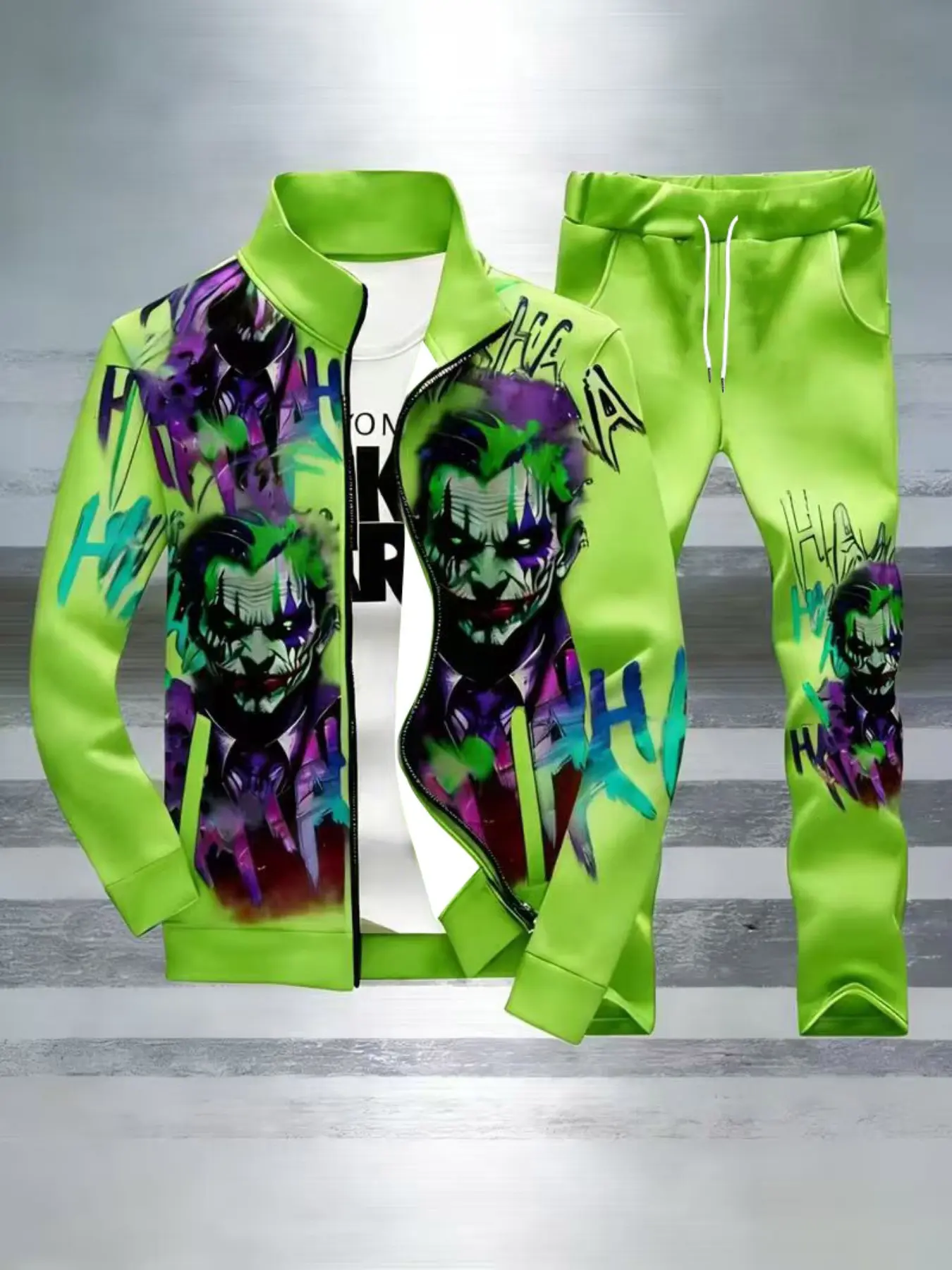 Men's Fluorescent Clown Graffiti Print Casual Sports Set, Stand Collar Zipper Jacket + Drawstring Long Pants, Halloween Street Fashion