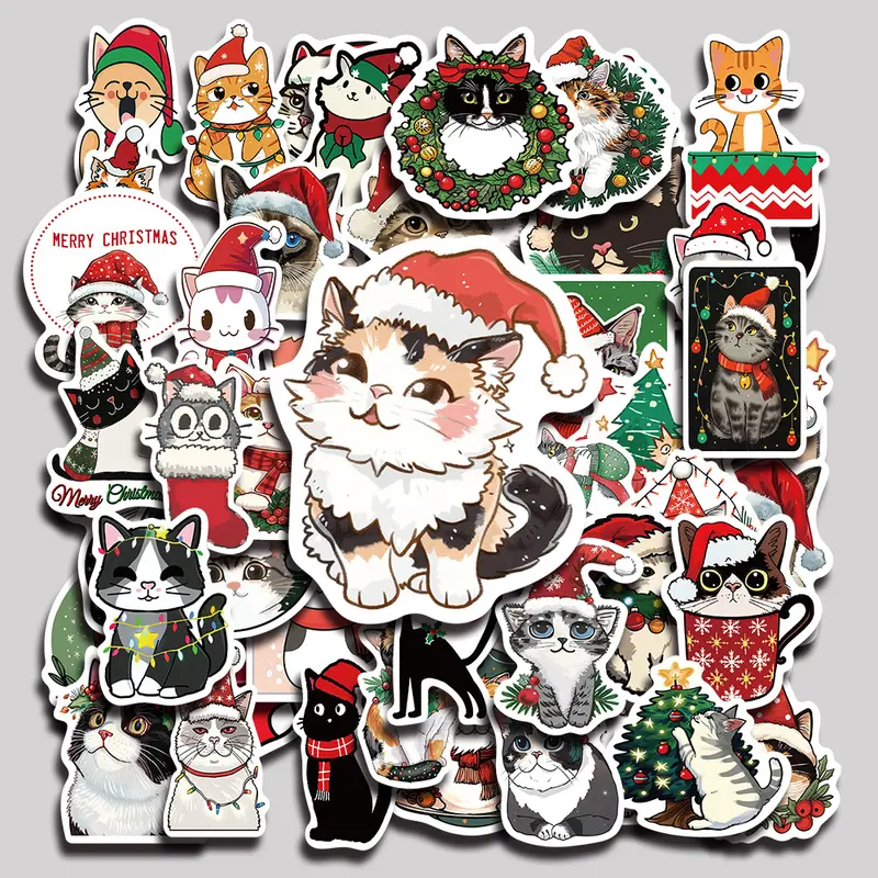 50PCS Christmas Cat Aesthetic Vinyl Stickers Pack for Laptop Water Bottle Phone Case Skateboard Journal Scrapbook DIY Decoration Kawaii Stickers