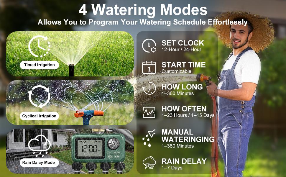 4 Zones Brass Inlet Timer for, Sprinkler Timer for Faucet with Auto/Manual/Rain Delay Mode, Sprinkler Irrigation Controller for Yard Lawn