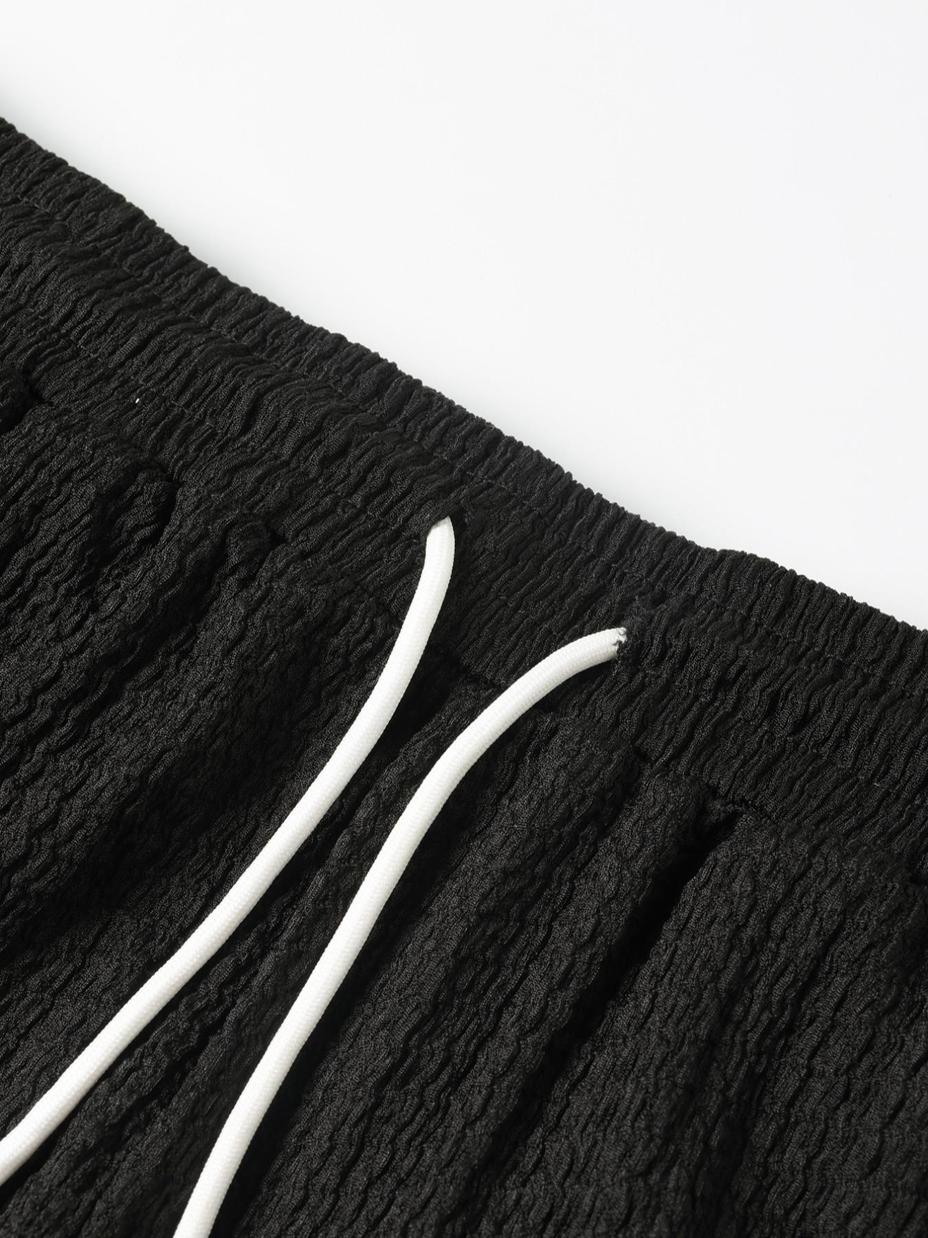 Men's Solid Jacquard Collared Blouse & Drawstring Pocket Pants Set, Casual Regular Fit Half Sleeve Top & Elastic Waist Trousers for Spring & Summer, Men's Clothes