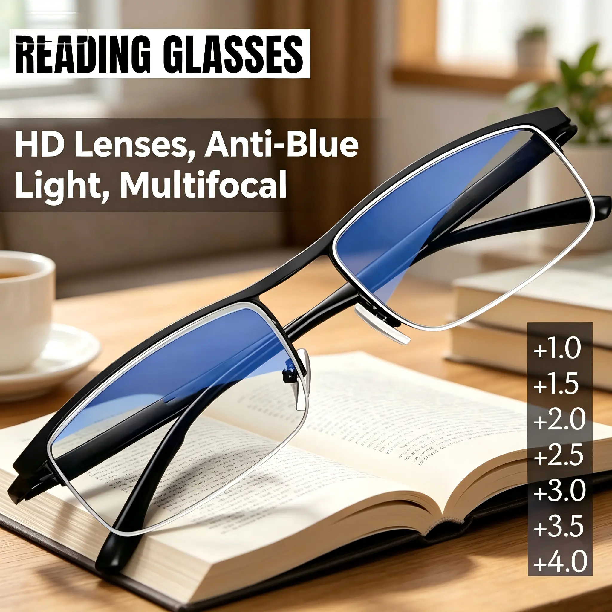 2026 New Progressive Reading Eyeglasses Unisex Photochromic Blue Light Block 2 in 1 Multi Focus Office Cycle Square Semi Rimless Metal Frame,swim,party,Unbreakable,