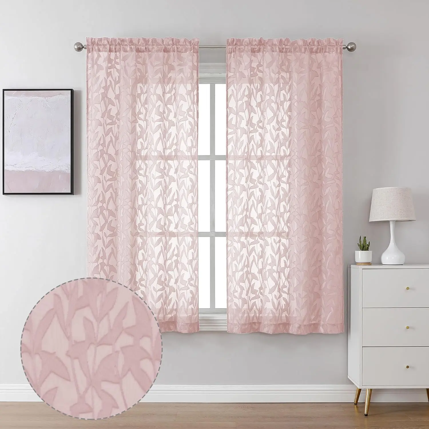 Leia Clip Leaf Pink Sheer Curtains 63 Inch Length 2 Panels, Dual Rod Pockets Light Filtering Voile Blush for Living Room Bedroom, Farmhouse Textured Short Drapes, 38W x 63L