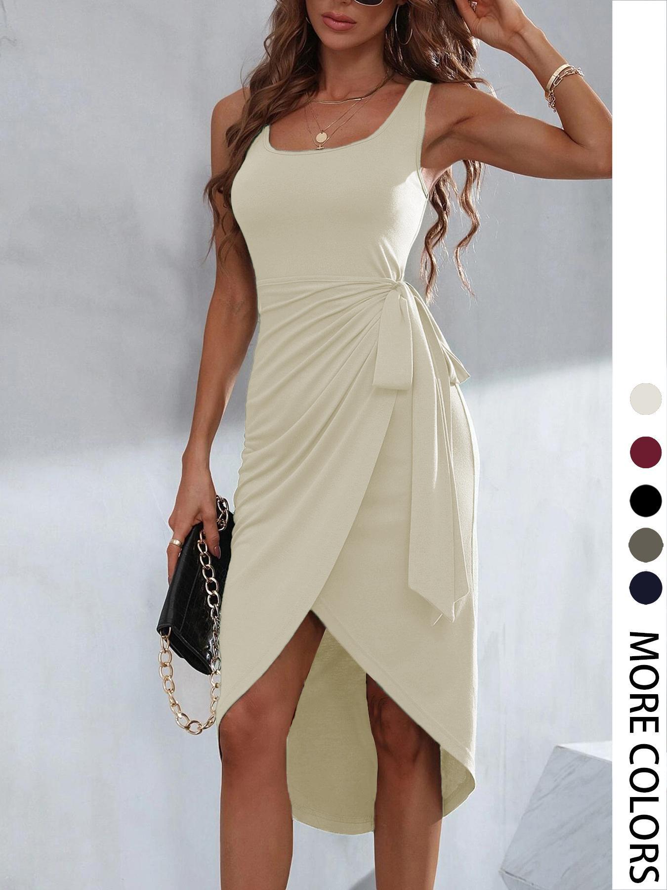 Women's Plain Knot Side Tank Dress, Elegant Wrap Sleeveless Midi Dress for Summer, Ladies Clothes for Daily Wear