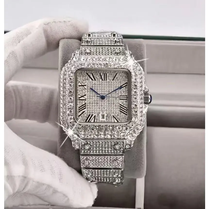 Iced Out Square Men Watch Full Diamond Bling Stainless Steel Roman Numeral Dial Luxury Hip Hop Quartz Wrist Watch Gift For Men