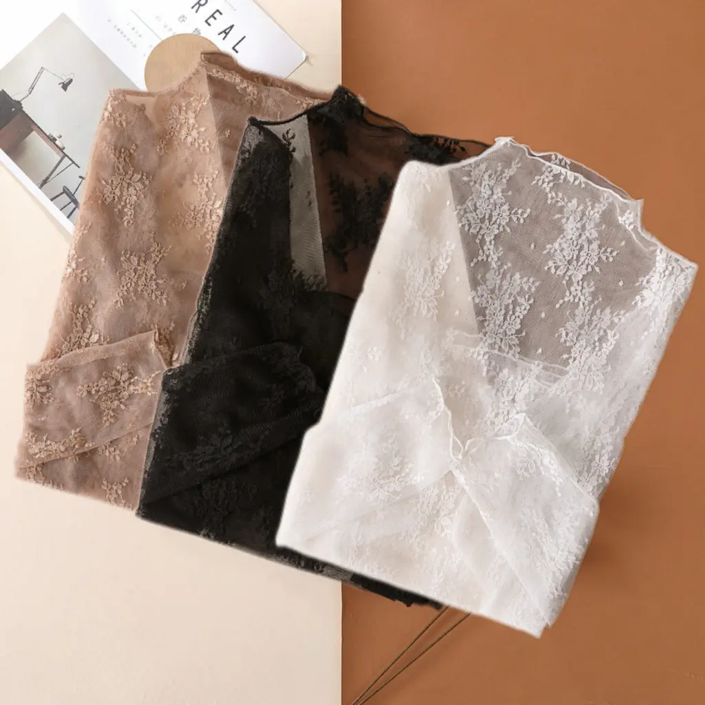 3pcs Set Lace Base Layer Shirt, Elegant T-Shirt Semi-Transparent, Soft And Smooth High-Elasticity, Comfortable And Breathable for Year-Round Wear