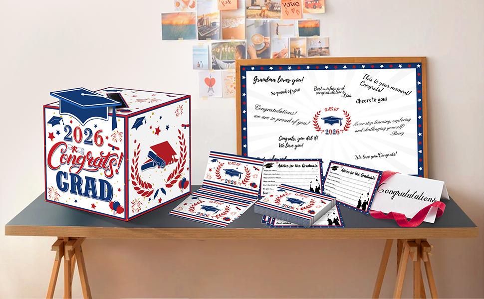 Graduation Decorations Red Blue White 2026 - Giant Guest Book Alternative,Graduation Cards Box with 36PCS Graduation Advice Cards,Signature Board Congrats Grad Decorations Supplies 2026