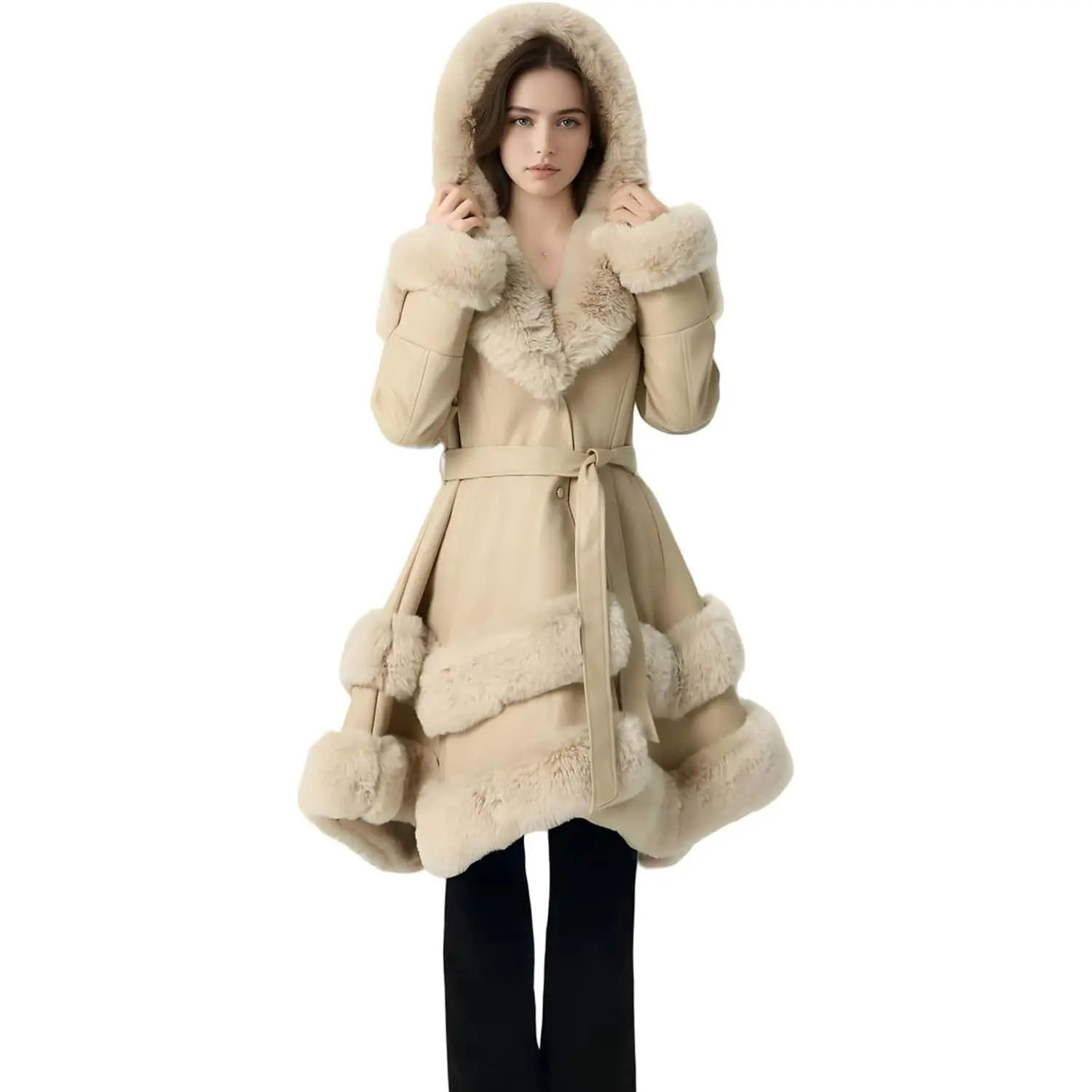 Womens Hooded Warm Winter Coat Faux Leather Bubble Long Jacket Overcoat Cold-resistant Fur Lined Warm Coats