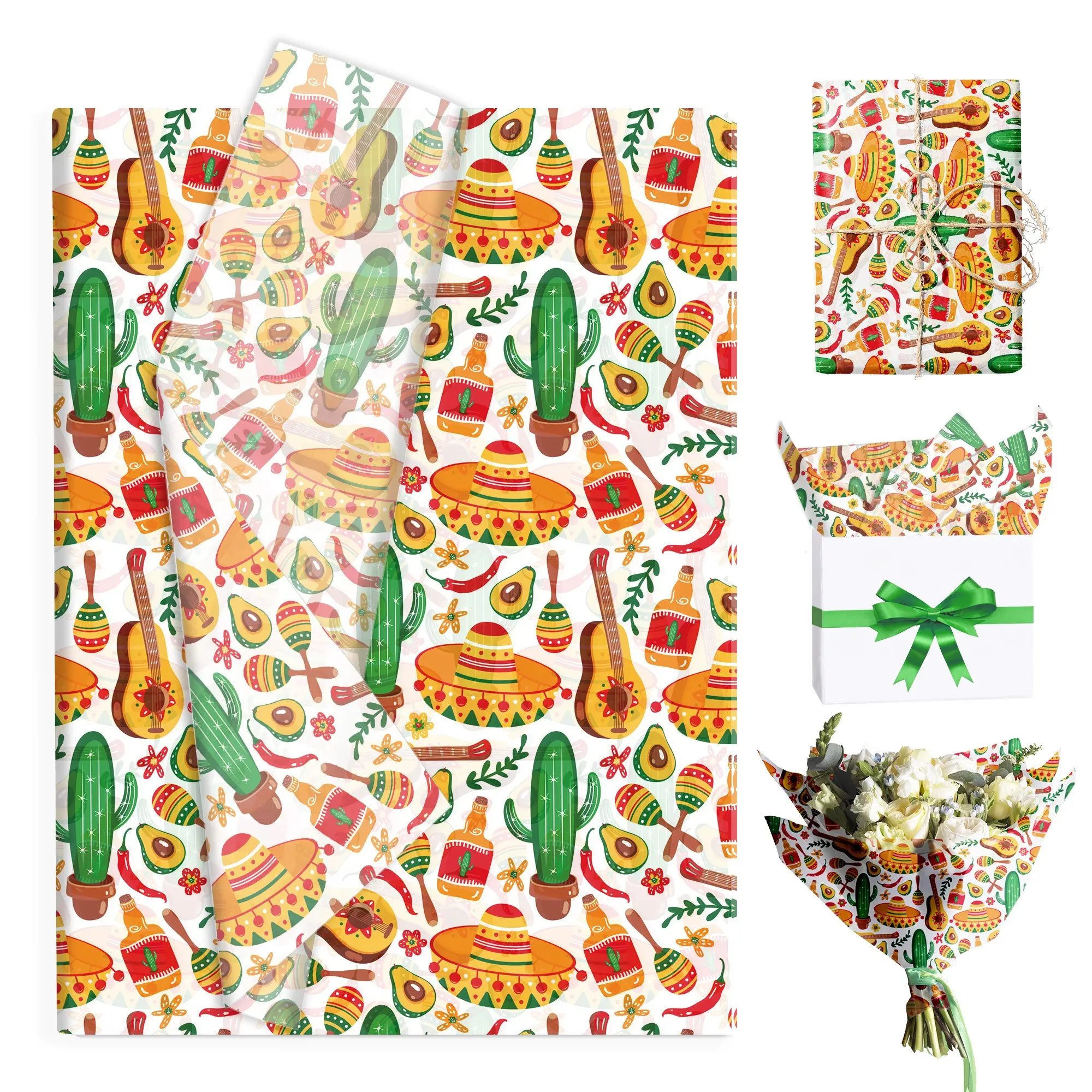 50 Sheets Mexican Chili Cactus Pattern Tissue Paper,17gsm Moisture Proof Wrapping Paper,19.69×13.78 Inch,Gift Candy Box Fiesta Party Decorative Packing Paper