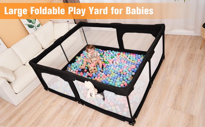 Foldable Baby Playpen with Gate, Extra Large Collapsible Play Yard for Babies & Toddlers, Portable Travel Playpen, Baby Activity Center for Indoor & Outdoor Use (Black 59"*71")