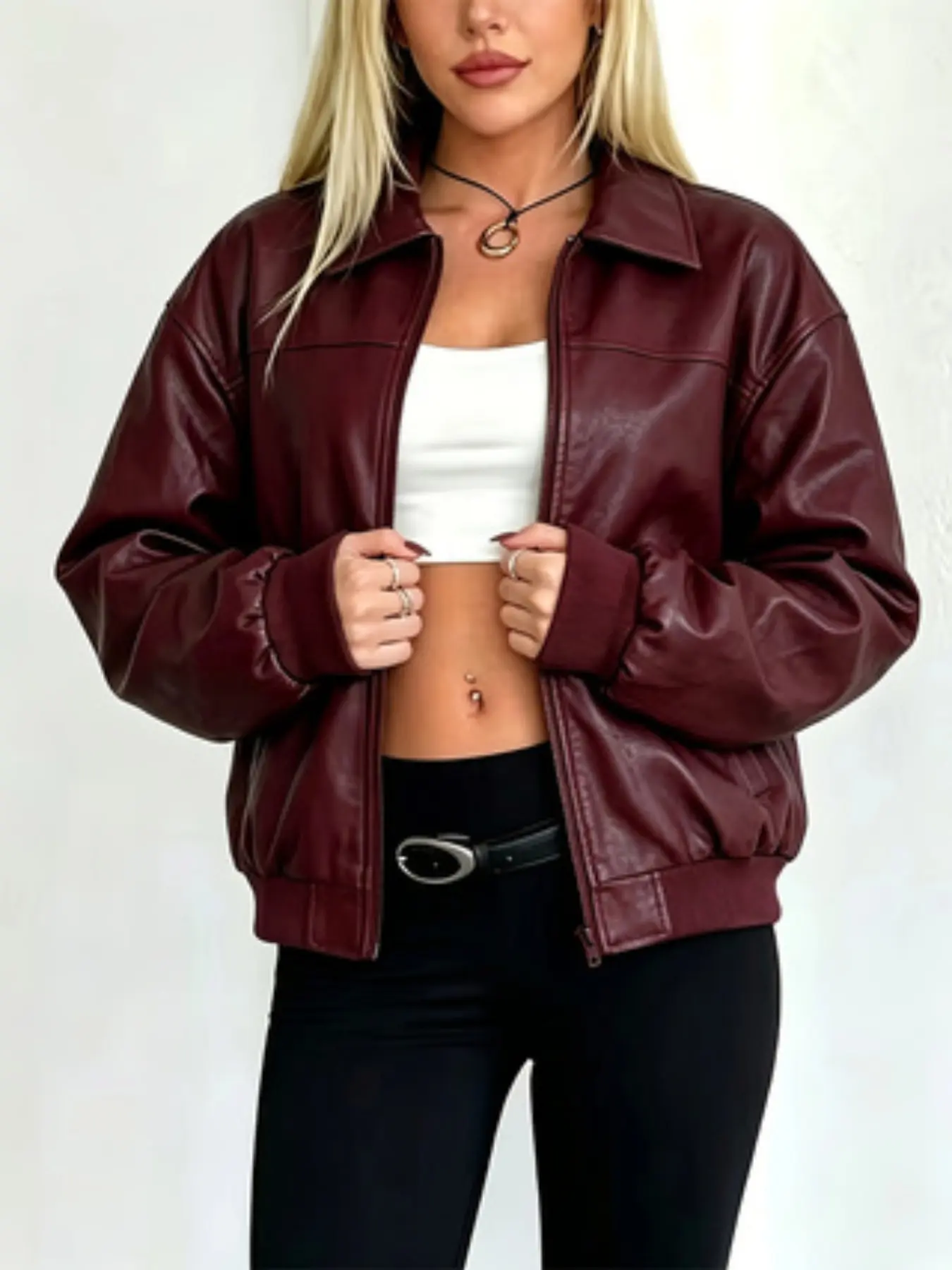 Women's Vintage Short PU Leather Jacket, Oversized Lapel Zipper, Casual Streetwear Y2K Trend, Fashionable Short Coat for Women