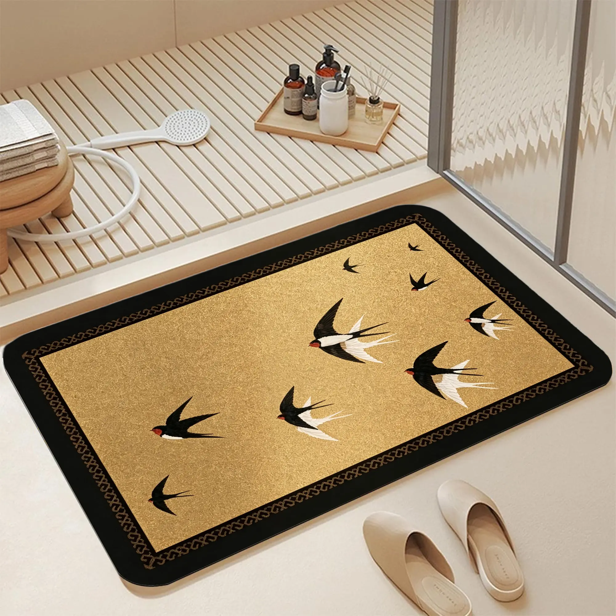 Luxury Black Braided Border Golden Glitter Texture Oriental Flying Swallow Bird Vintage Framed Art Print Diatomaceous Earth Bath Mat, 16*24 Inch |   Ultra Fast Water Absorbent Quick Dry Non Slip Anti Mildew Soft Diatomite Shower Floor Mat Easy Wipe East