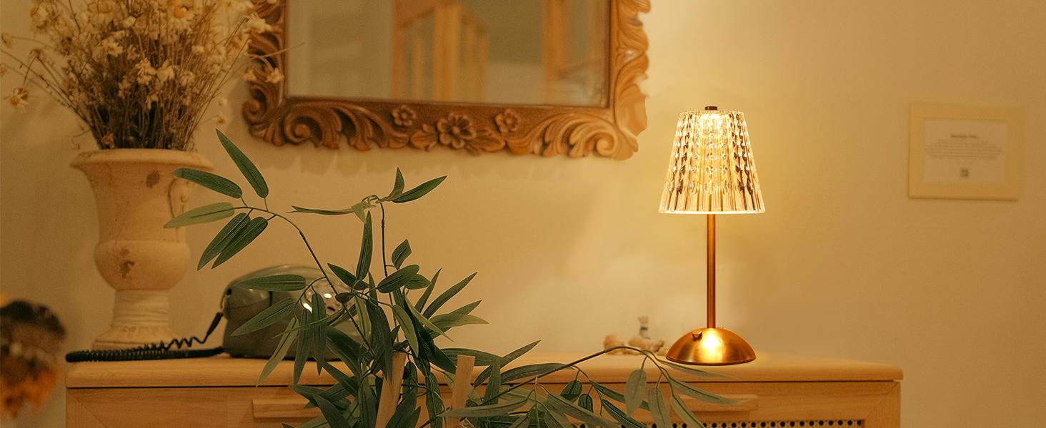 Cordless lamp,Dimmable Crystal Table Lamp 3 Colors LED Gold Lamp,Touch Lamp Diamond Crystal Lamp, Rechargeable Small Lamp, Wireless Lamp Vintage Lamp for Bedroom Living Room Bathroom Hotel Bar