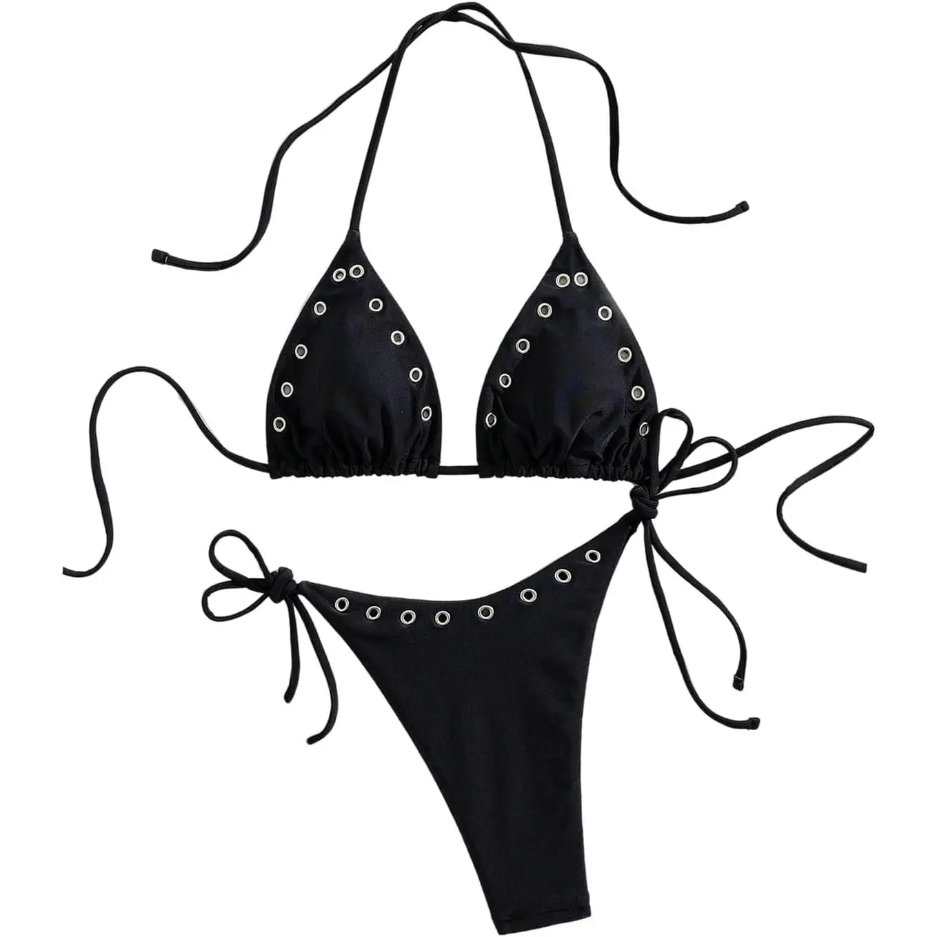 Women's 2 Piece Sexy Micro Bikini Sets Grommet Eyelet Swimsuit Halter Triangle Tie Side Cheeky Bathing Suit