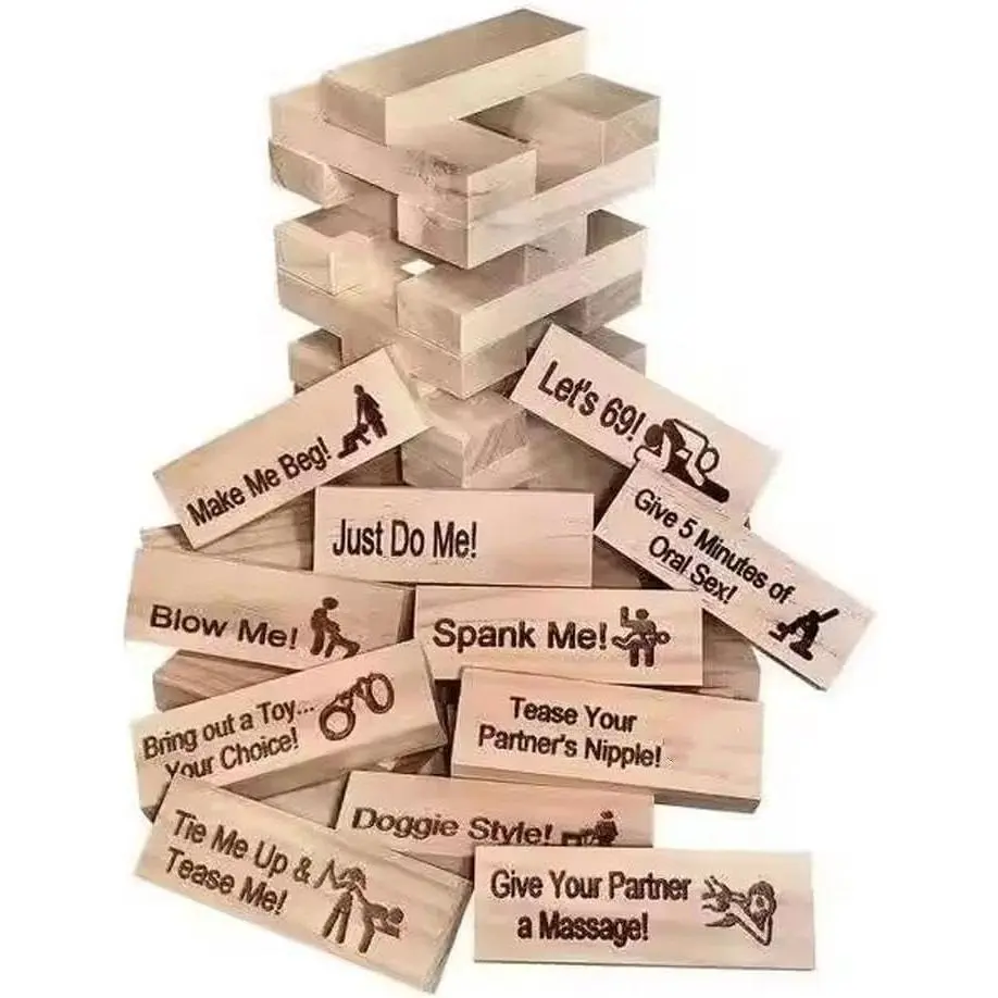 Lust Tower - 48-Piece Seductive Wooden Block Tower Set for Couples, Romantic Evening Challenge, Adults-Only Stacking Fun, Valentine's Night Activity with Naughty Blocks
