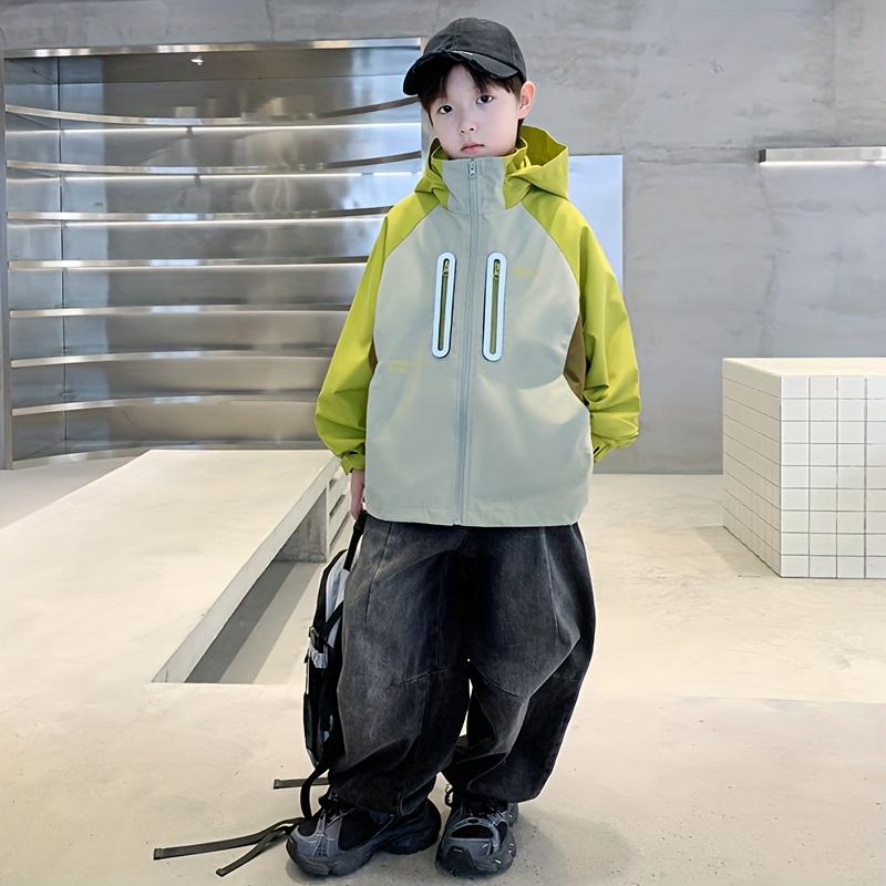 & ' Hooded Jacket with Half-Zip & Full-Zip Front - Lime Green/Yellow/Brown Color Block Windbreaker, Full-Zip Hood & Full-Zip Back, Durable for Kids Outdoor, Casual Wear (Spring/Fall) - Easy-Care Zipper